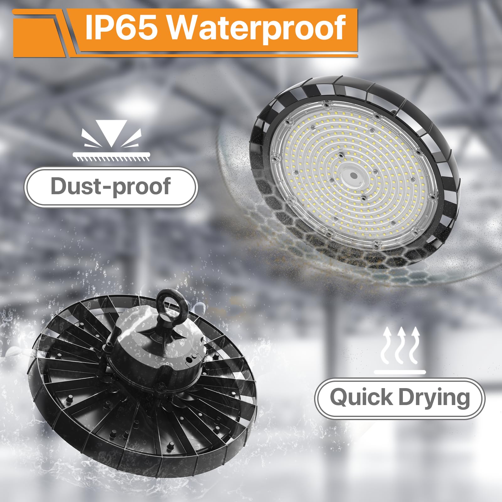 UFO LED High Bay Light 150W 5000K Led Shop Lights 21000LM IP65 AC100-277V with US Plug 5 Cable — view 5