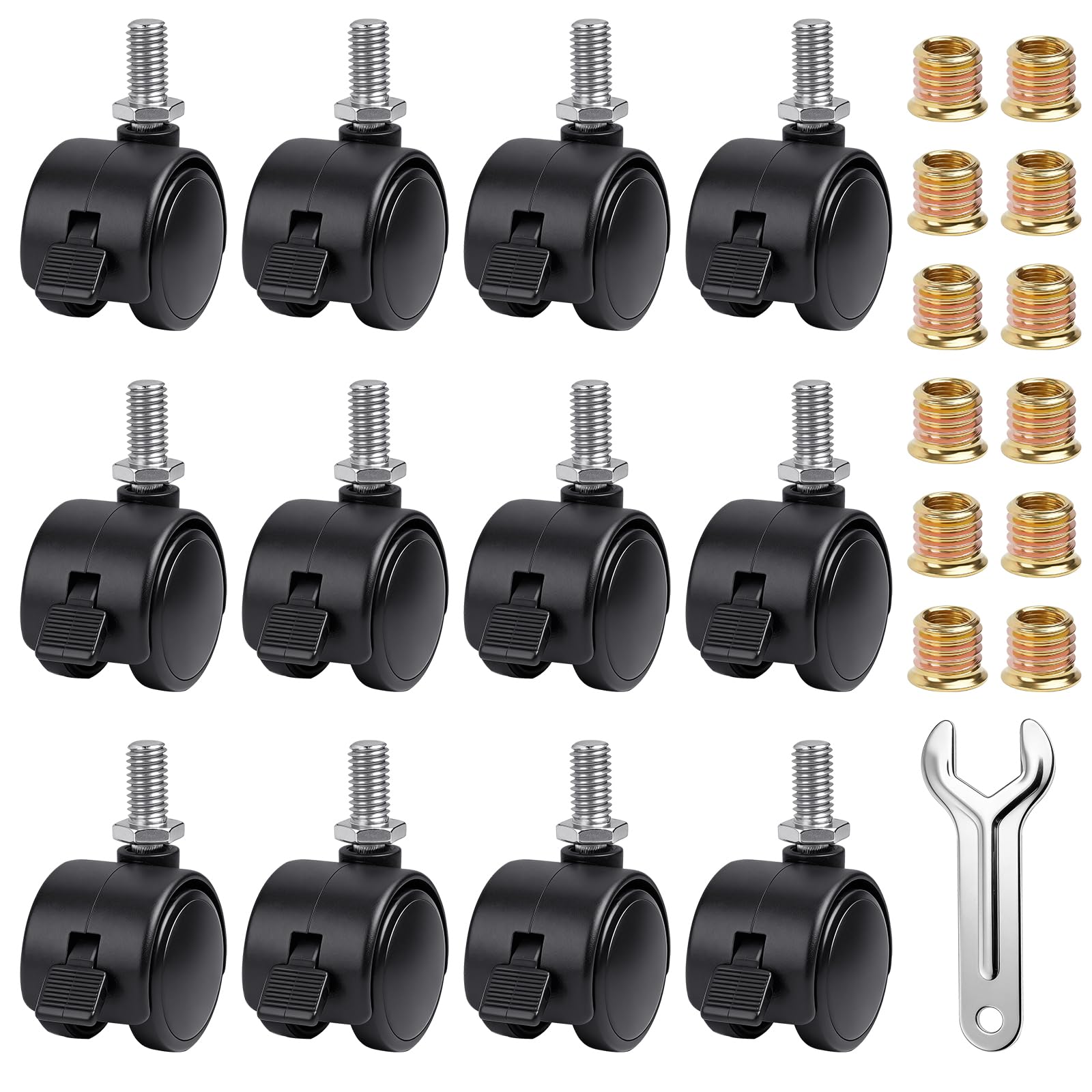 Akamino 12 PCS Swivel Universal Casters Wheels with Brakes for Furniture, Black Nylon Caster Wheels with M7.5 Threaded Stem Nut and Spanner, Dual Track Rollers & Locking Mechanism