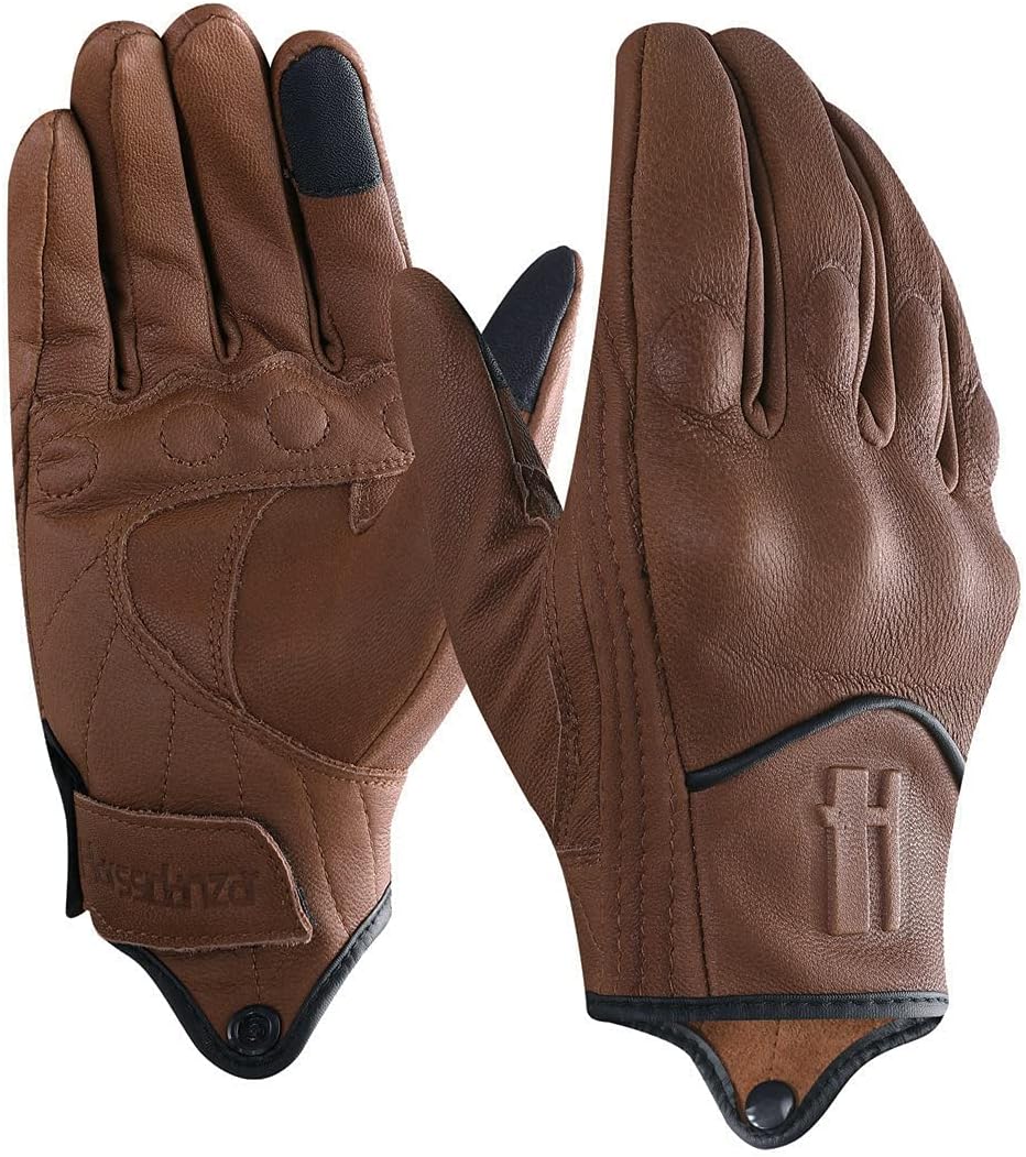 Harssidanzar Motorcycle Gloves for Men,Leather Touch Screen Riding Driving Gloves GM028,Saddle, Size S