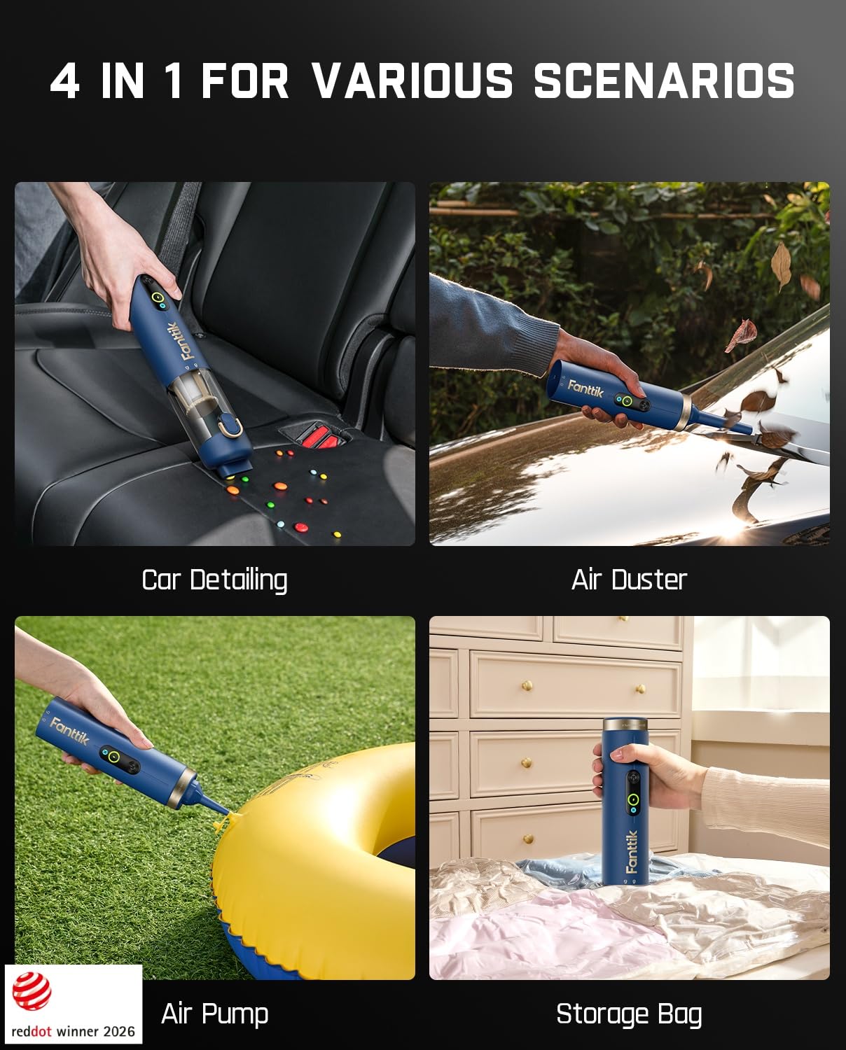 Fanttik Slim V10 APEX Cordless Car Vacuum, 4-in-1 Portable Mini Handheld Vac, Upgraded Smart Digital Display, 19kPa Suction Power, 2 Suction Modes for Small Jobs, Car, Office Desk, Keyboards (Blue) view 3