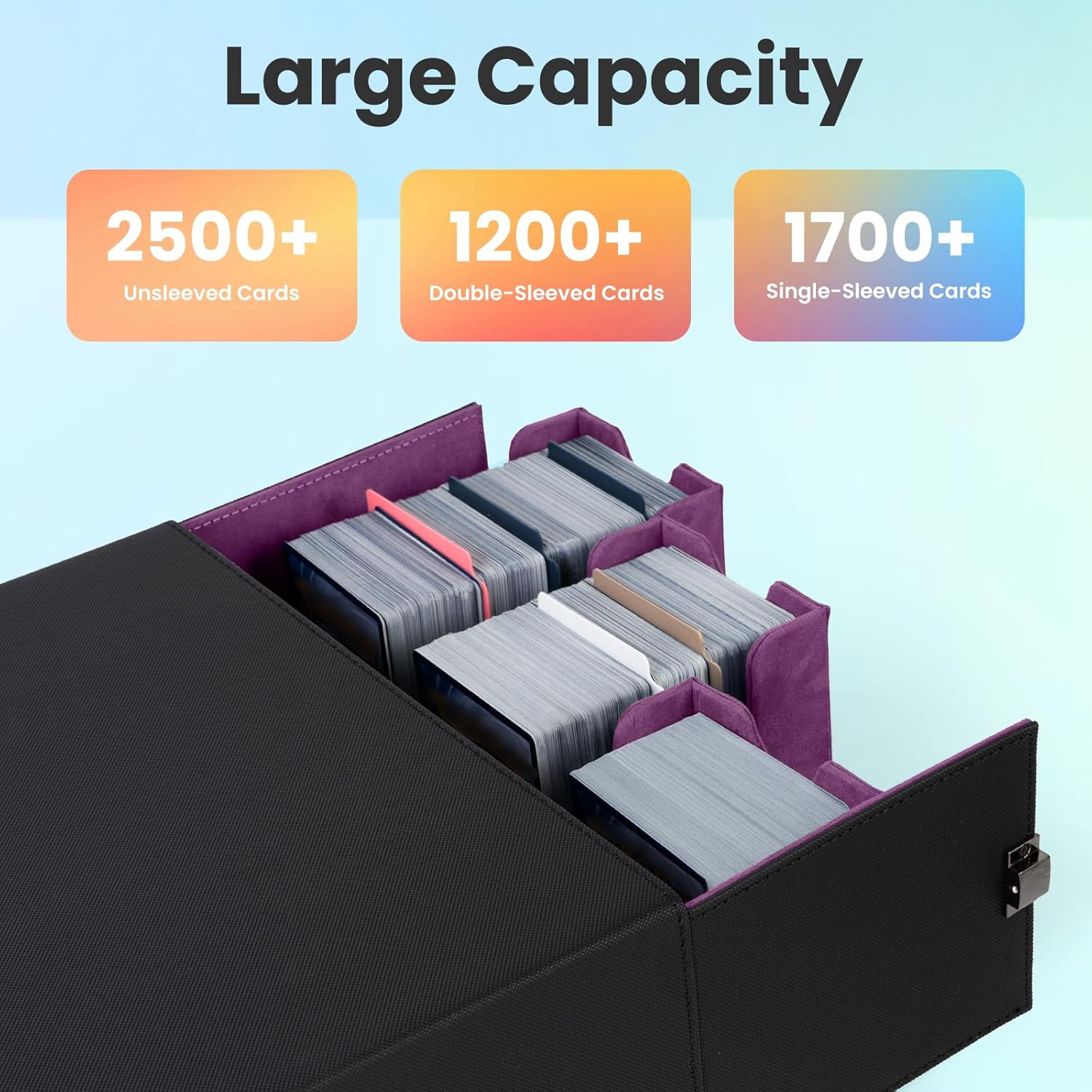 Collectible Trading Card Cases with Portable Handle, with 8 Colorful Divider Tabs&3 card supporters,PU Leather Commander Card Deck CaseforMTG Game Cards (3 Rows-Black&Purple)