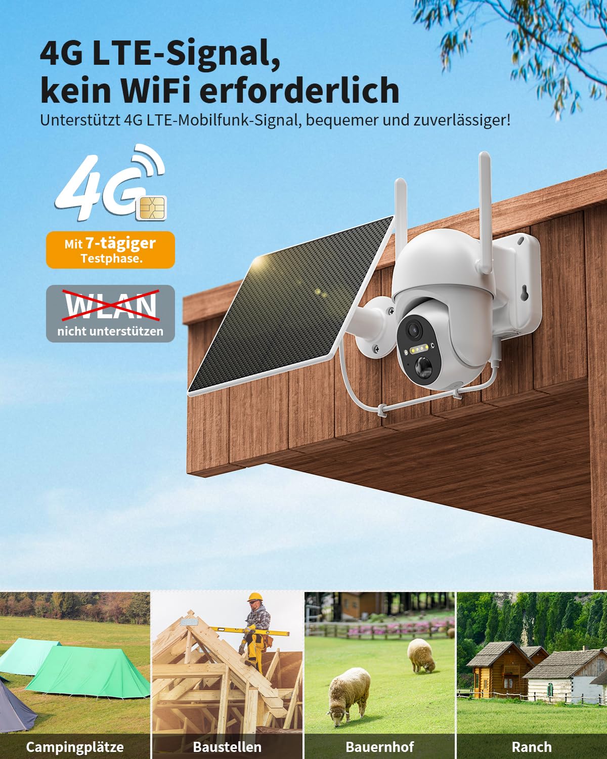 4G LTE Überwachungskamera mit SIM Karte Aussen Ohne WLAN | 2K 3MP HD Solar Kamera mit SIM Karte und Akku-10400mAh, 6W Solarpanel, 20m Farbnachtsicht, PIR, 2-Wege-Audio, IP66, eSIM