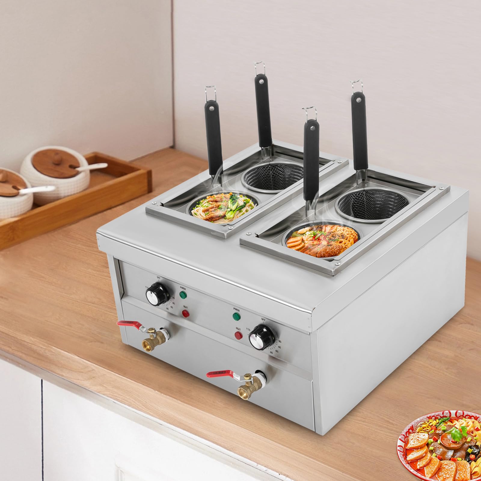 Fornello elettrico professionale in acciaio inox, 220 V, 2 x 2 KW, con 4 cestelli e luci di controllo, temperatura regolabile, per pasta, verdure cotte, pasta di riso e gnocchi