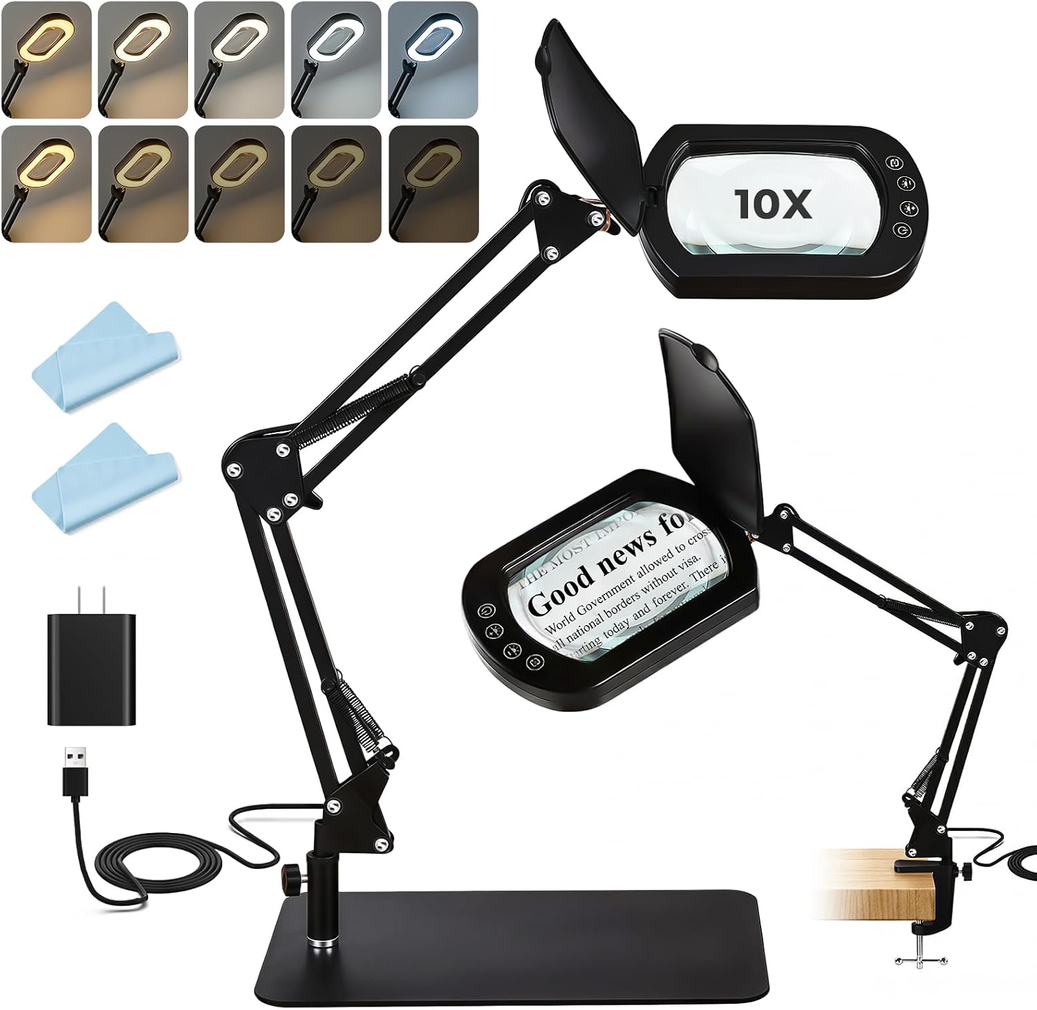 10X Square Magnifying Glass with Light and Stand/Clamp, 80 LED Lighted Magnifier with Dust Cover, 5 Color Modes Stepless Dimmable, Hands-Free Desk Magnifying Glasses for Close Work, Crafts, Reading