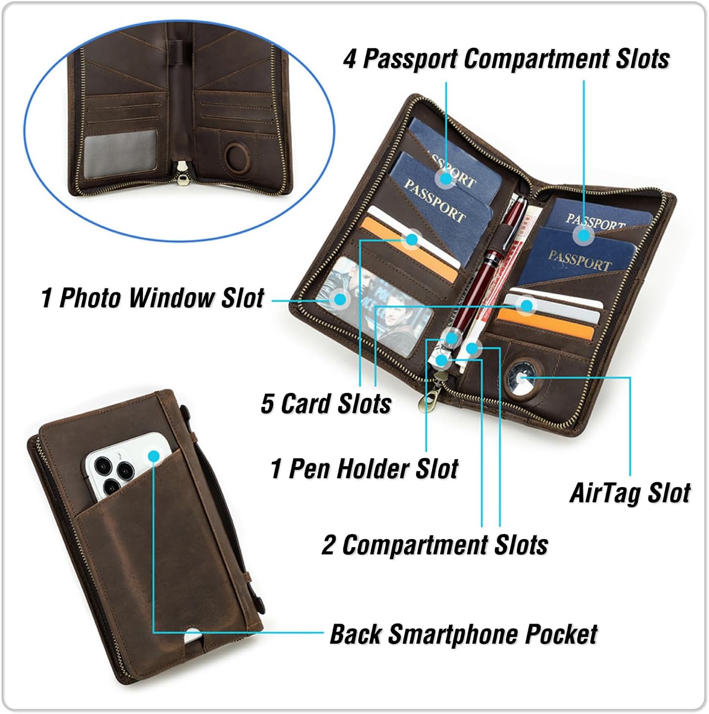 Top Grain Leather Travel Passport Wallet Holder Case for Man & Woman, Handmade for 4 Passports & Multi Cards, RFID Blocking Large Capacity for Cards/Passports/Tickets/AirTag, Matte Coffee - Image 5