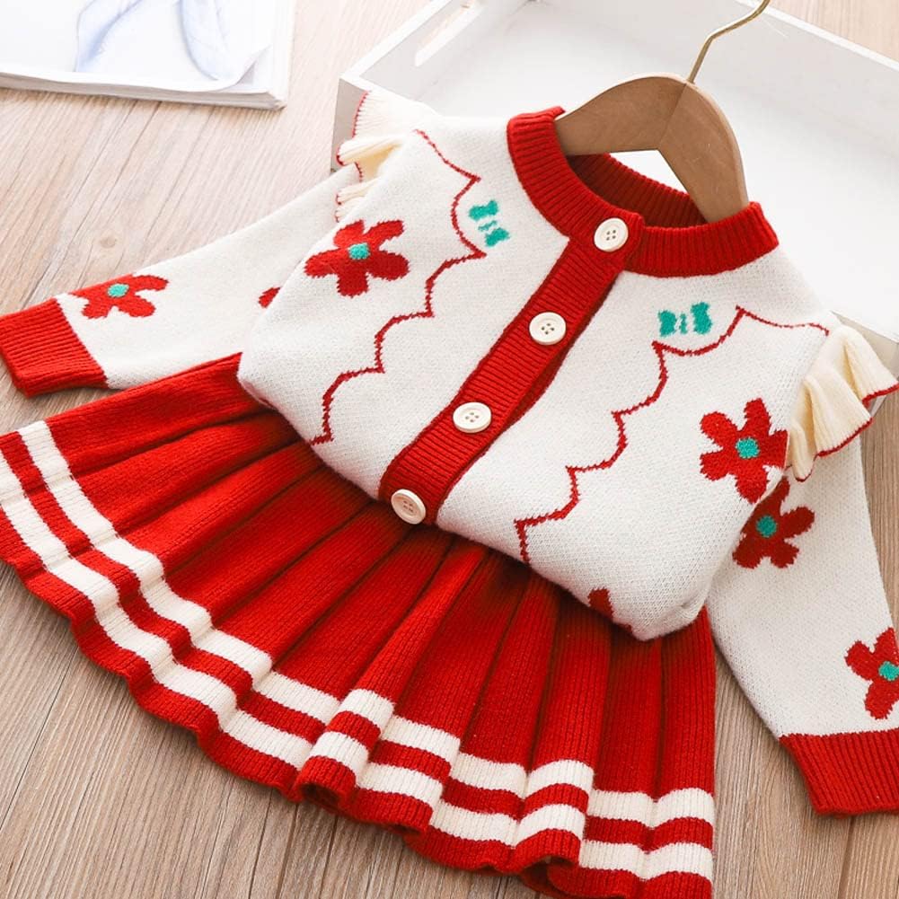 Girls Autumn Winter Outfit Knitted Sweater Dress Set Baby Girls Sweater Tops Mini Skirt Set Red D 18-24 Months