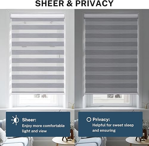 Miniatura 3 de PASOUN Persianas enrollables sin cordones de cebra con doble capa, control de luz, traslúcidas y privacidad para ventanas, persianas aisladas,