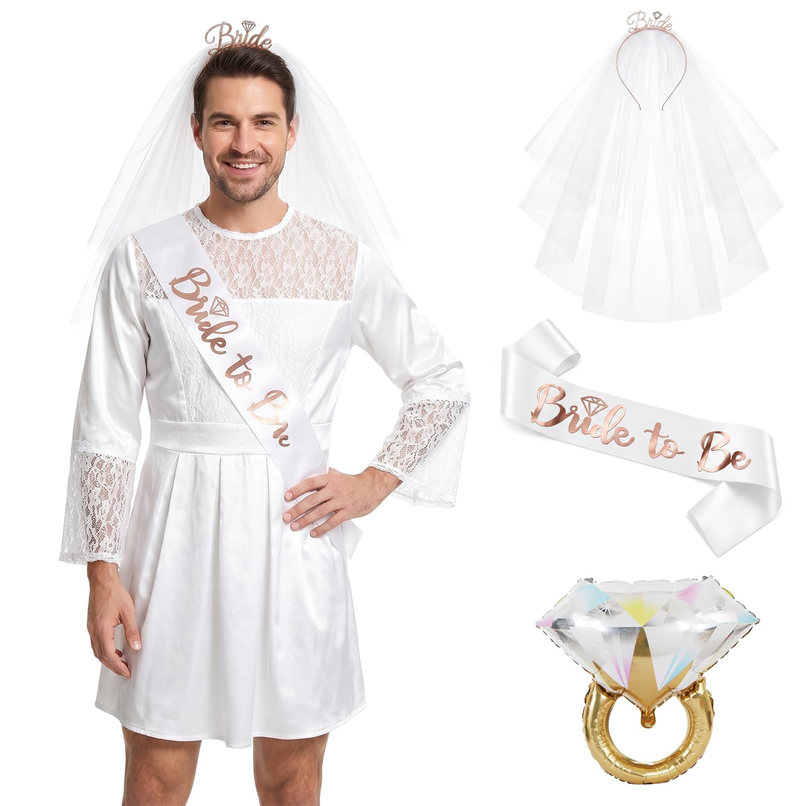 Men's Bride Costume for Adults, Male Brides Outfit Funny Wedding Dress Fancy Dress Set with Veil Headband, Bride to Be Sash Ring, Stag Do Outfit, Hen Do Costume, Halloween Novelty Costume (Style A)
