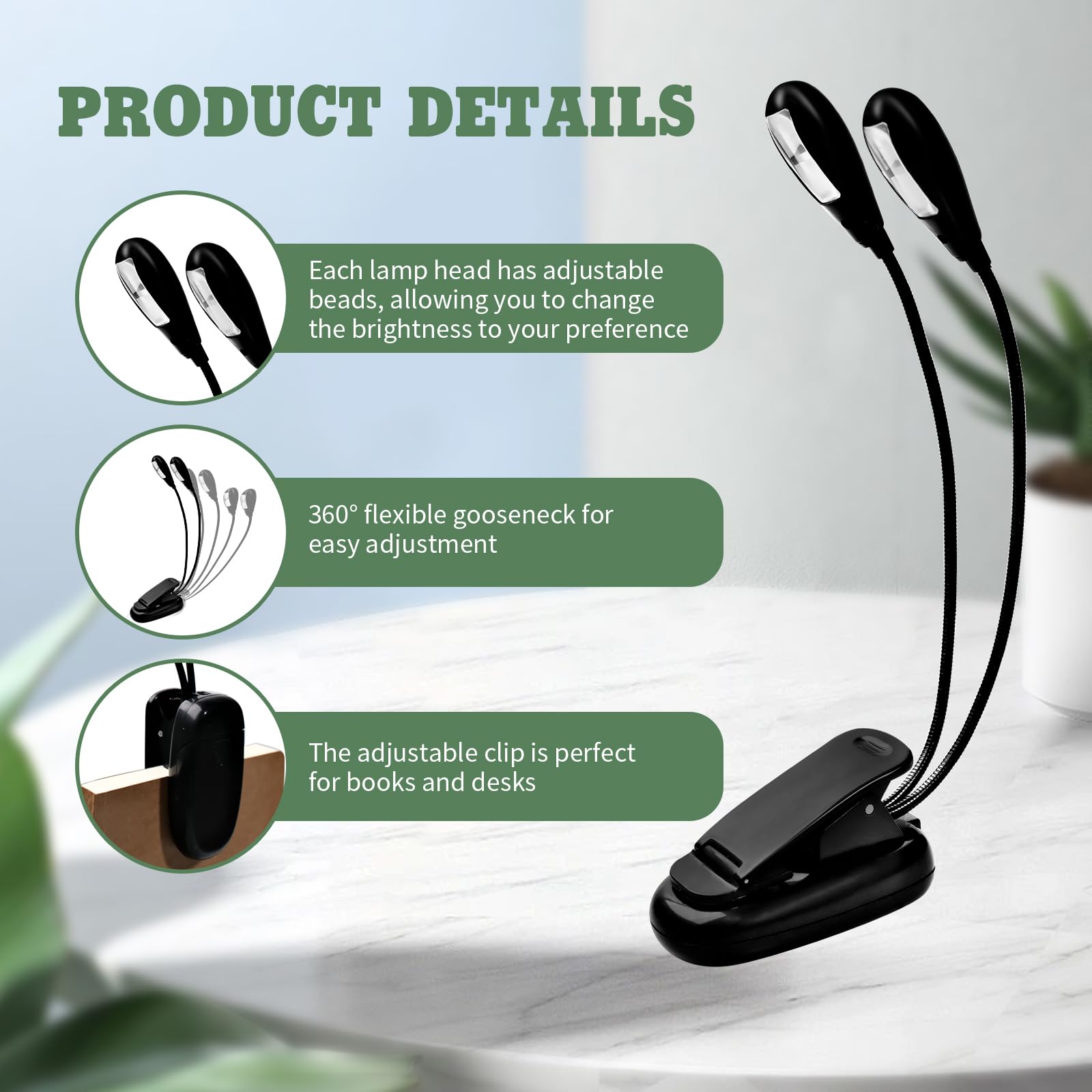 Lot de 12 lampes de lecture LED avec clip à double bras - Lampe USB et piles AAA - 4 niveaux de luminosité - Lampe de lecture pour les vers de bibliothèque, les joueurs de piano