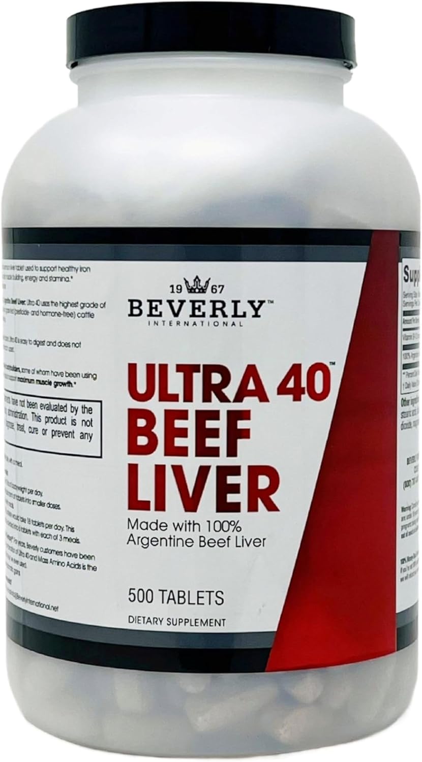 Beverly International Ultra 40 Grass Fed Desiccated Beef Liver, 500 Tab. Golden-era Secret for Boosting Muscle Growth, Stamina and Performance Naturally. Break Through Those Sticking Points-Endurance
