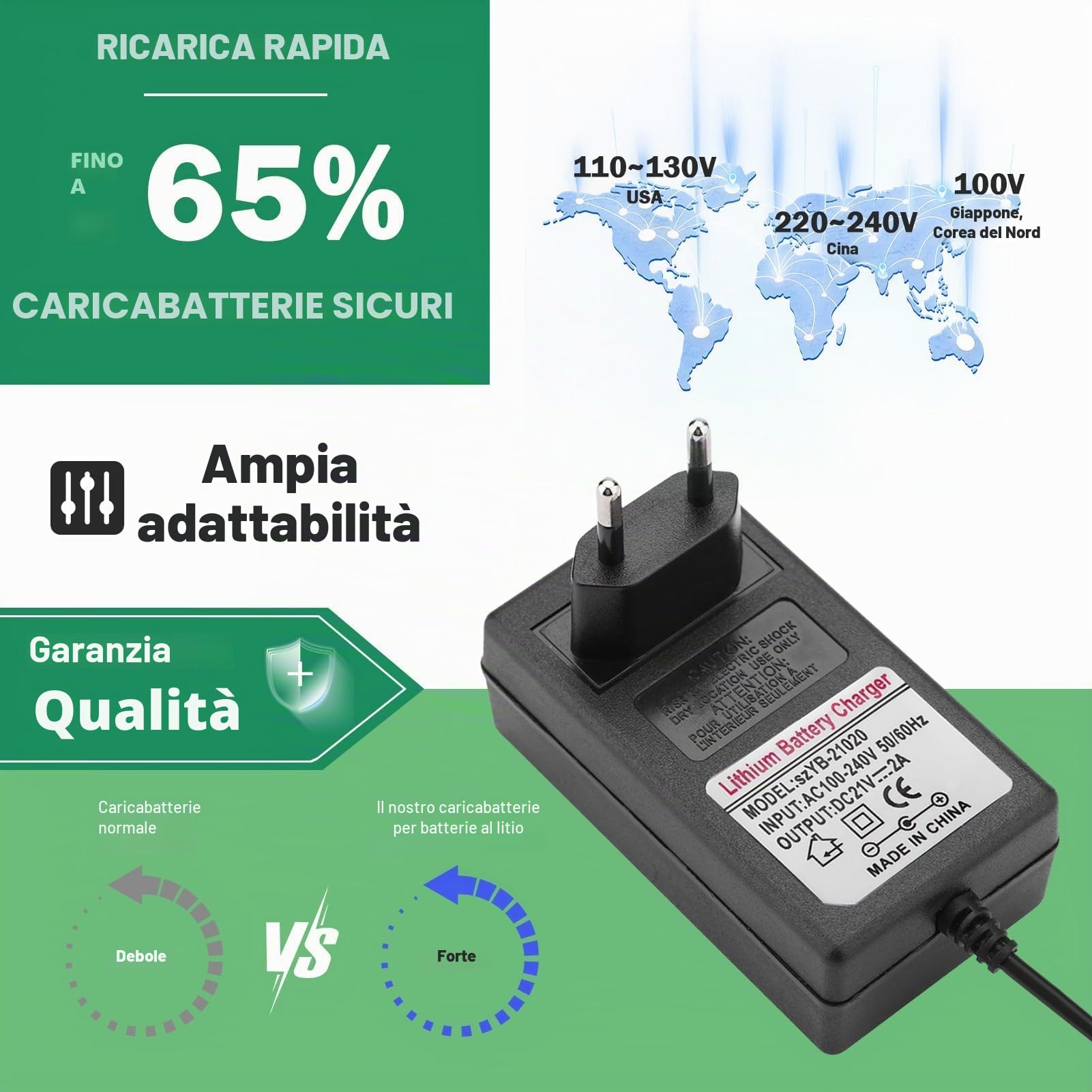 Adattatore di alimentazione a batteria agli ioni di litio, adattatore di alimentazione di ricarica di ricambio CA 100-240 V CC 21 V 2 A, caricatore adattatore professionale di protezione(EU)