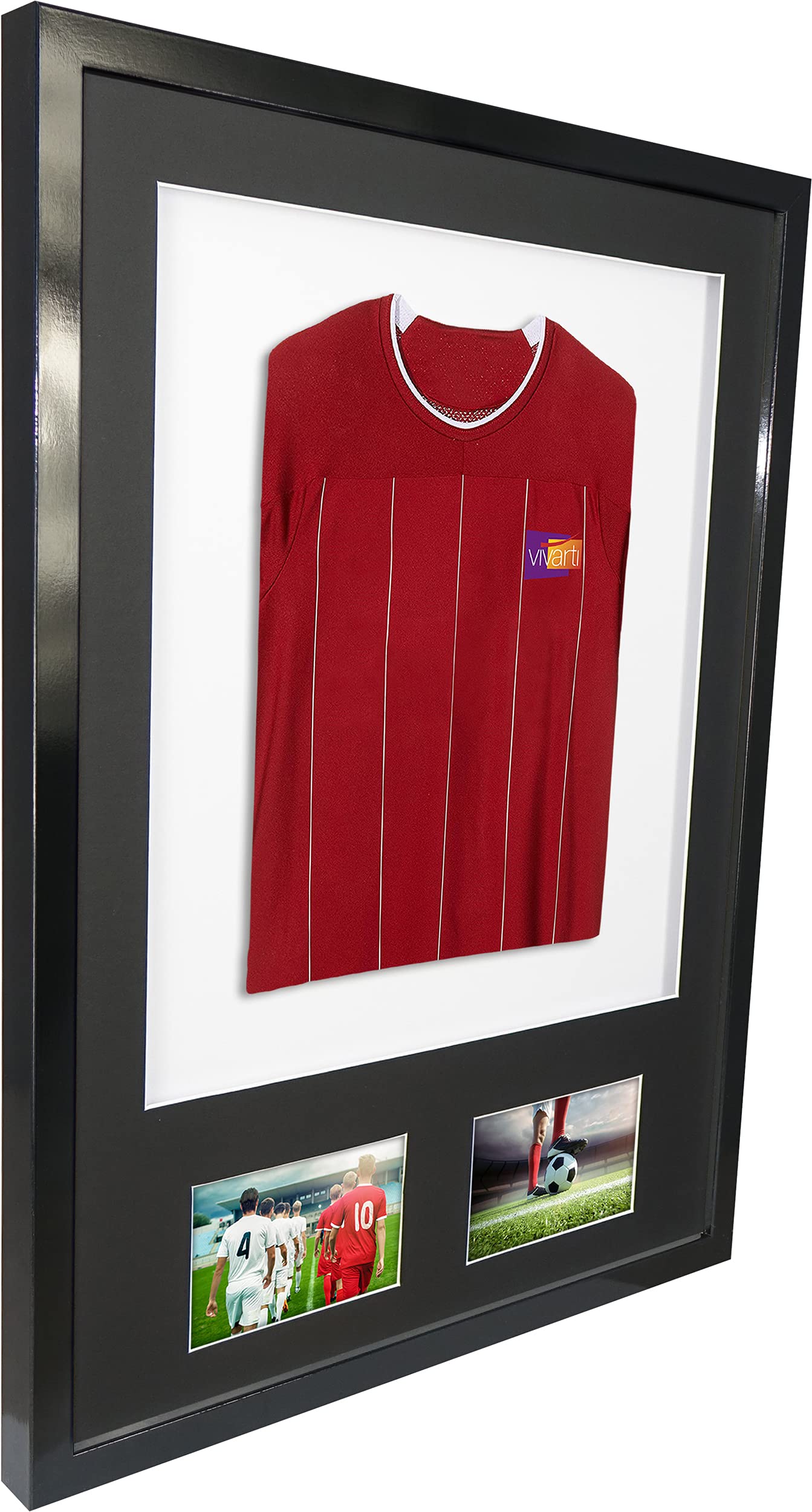 Vivarti DIY - Marco de visualización para camisa deportiva con doble apertura (50 x 70 cm), color negro brillante, soporte negro, tarjeta de respaldo blanca