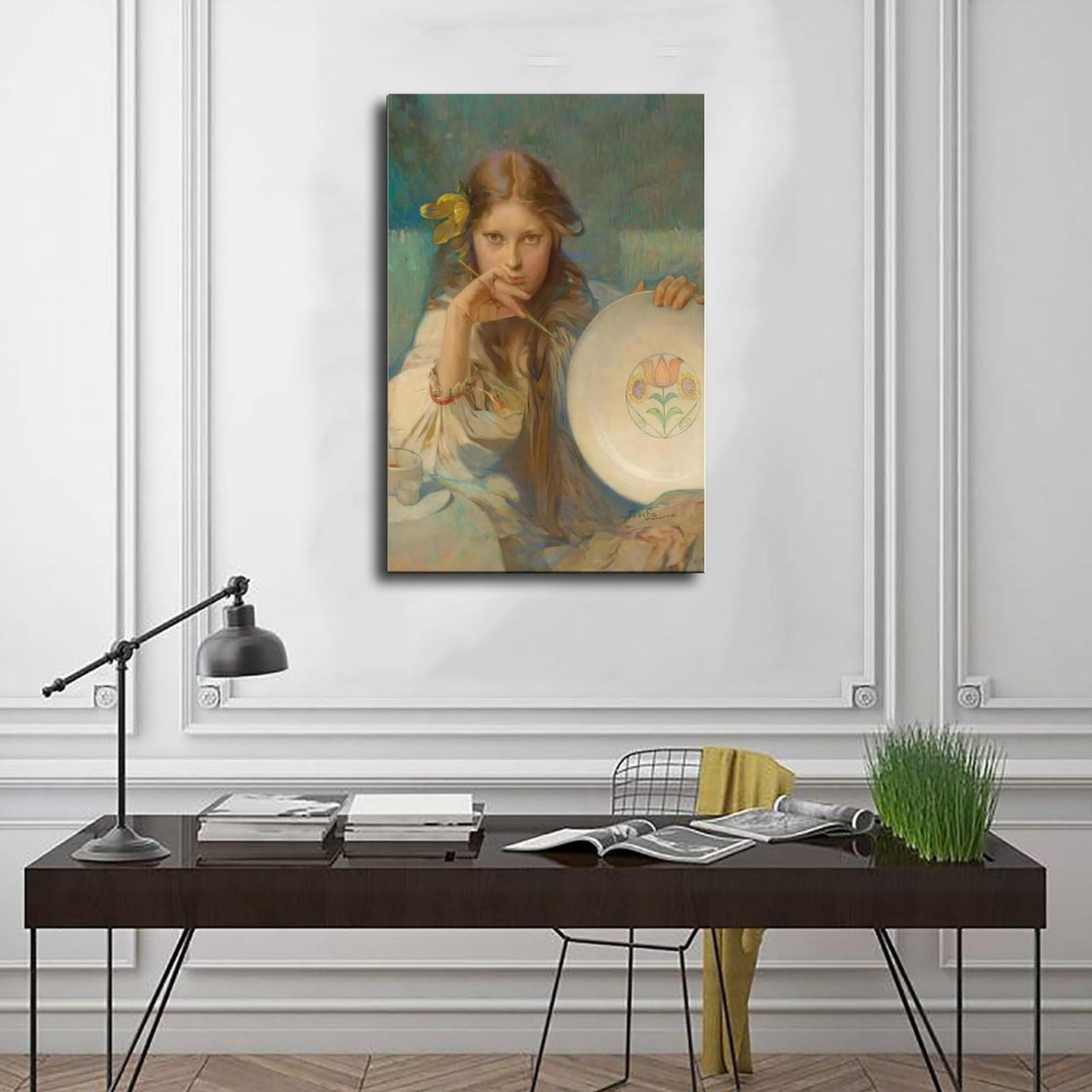 Stampa artistica da parete con ragazza con un piatto con motivo folk, stampa artistica da parete per soggiorno, camera da letto, decorazione 61 cm L x 91,4 cm W