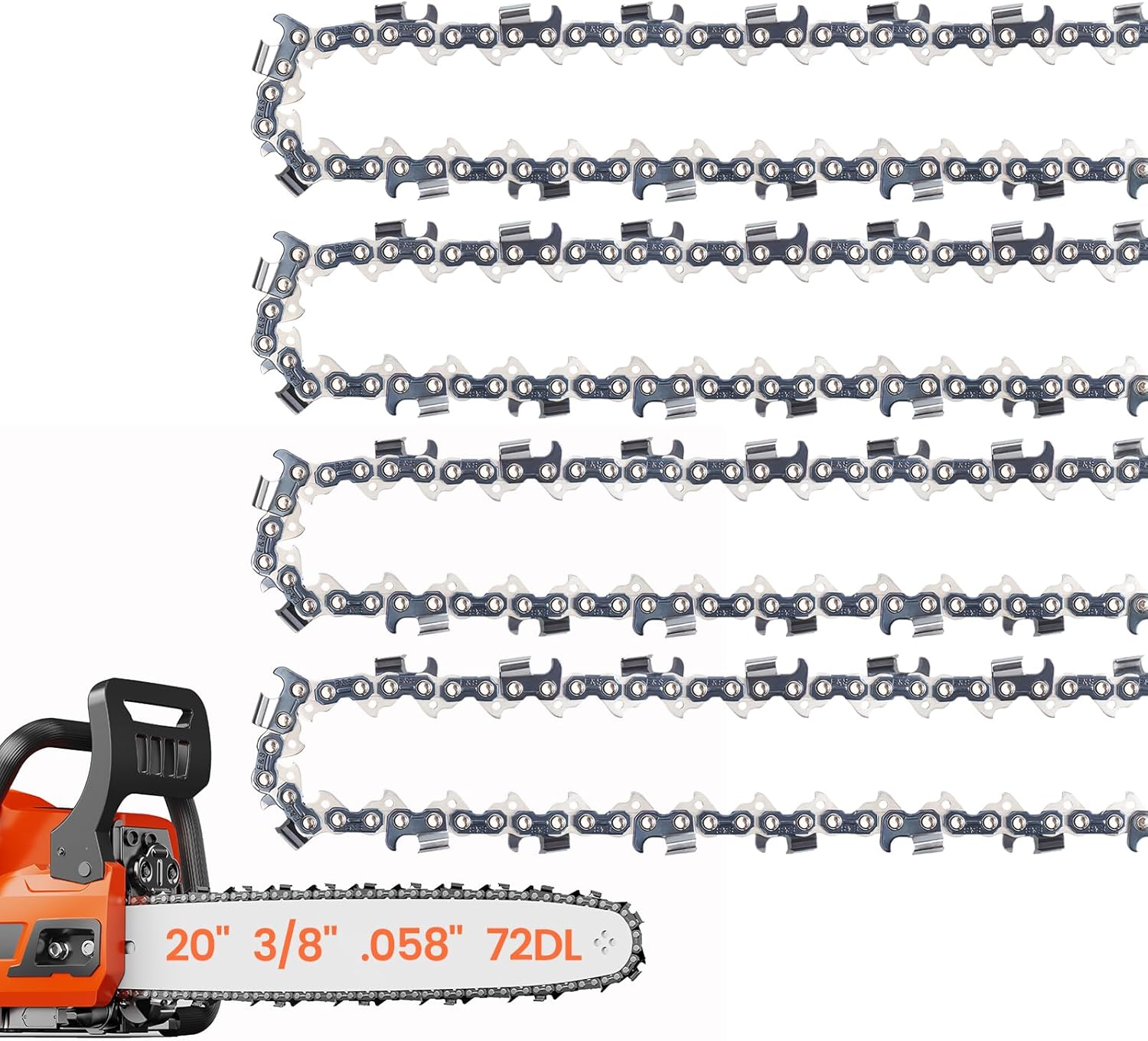 E & S 4 Pack 20 Inch Chainsaw Chain 3/8" Pitch .058" Gauge 72 Drive Links Semi-Chisel Chain Saw Chains for Oregon, Stihl, Husqvarna, Poulan, Craftsman, Greenworks and More Chainsaw Brands
