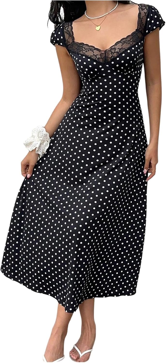 Milumia Women's Polka Dots Lace Trim Maxi Dress Sweetheart Neck Short Sleeve A Line Dresses