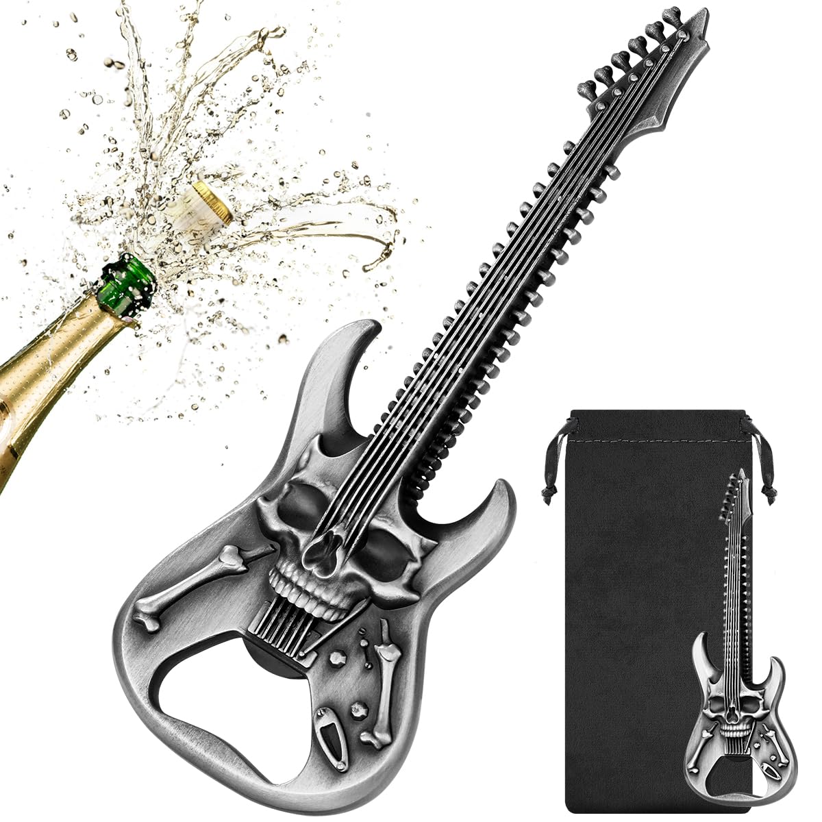 LULLEA Skull Guitar Bottle Opener – Rock Music Bar Tool for Men & Women – Silver Guitar-Shaped Beer Opener with Gift Bag – Ideal Music Gift for Birthday, Father’s Day, Christmas, BBQ, Camping
