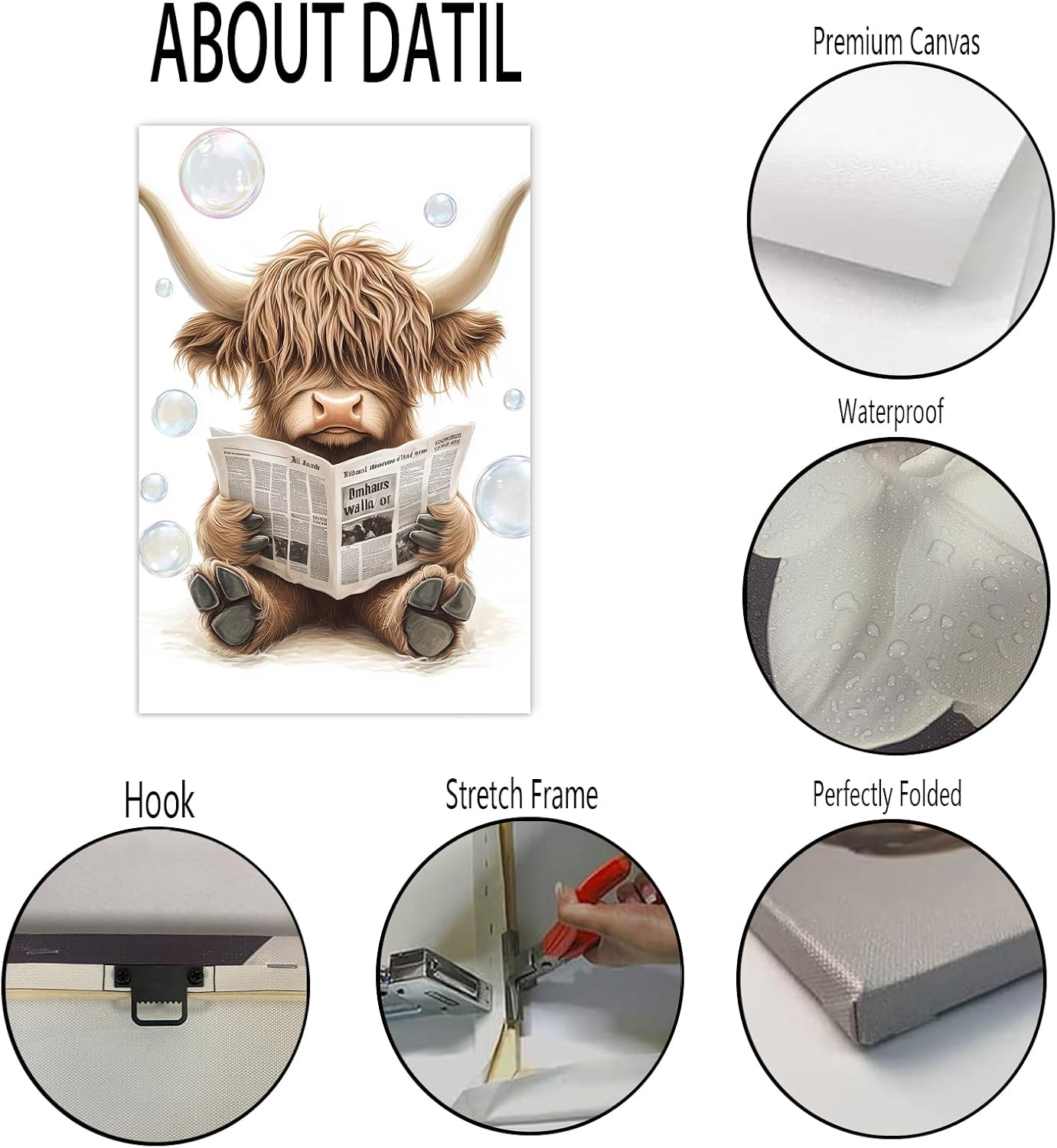 Highland Cow Canvas Wall Art Bathroom Decor Funny Animal Reading Newspaper Pictures Print Framed Wall Decor(Artwork-1,12"x18")