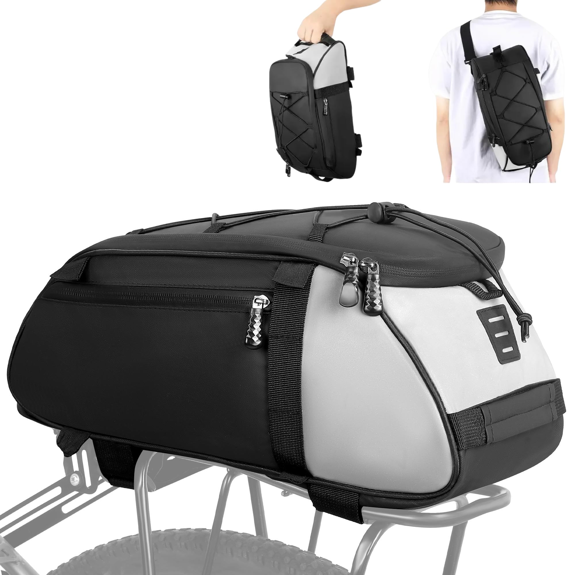 Wildken Sacoche Velo Porte Bagage Arriere, 12 L Noir Sacoche Porte Bagage Velo Étanche Réfléchissante avec Poignées et Bandoulières, Sac Porte Bagage Vélo Adapté VTT, Vélo de Route, Gravel, E Bike