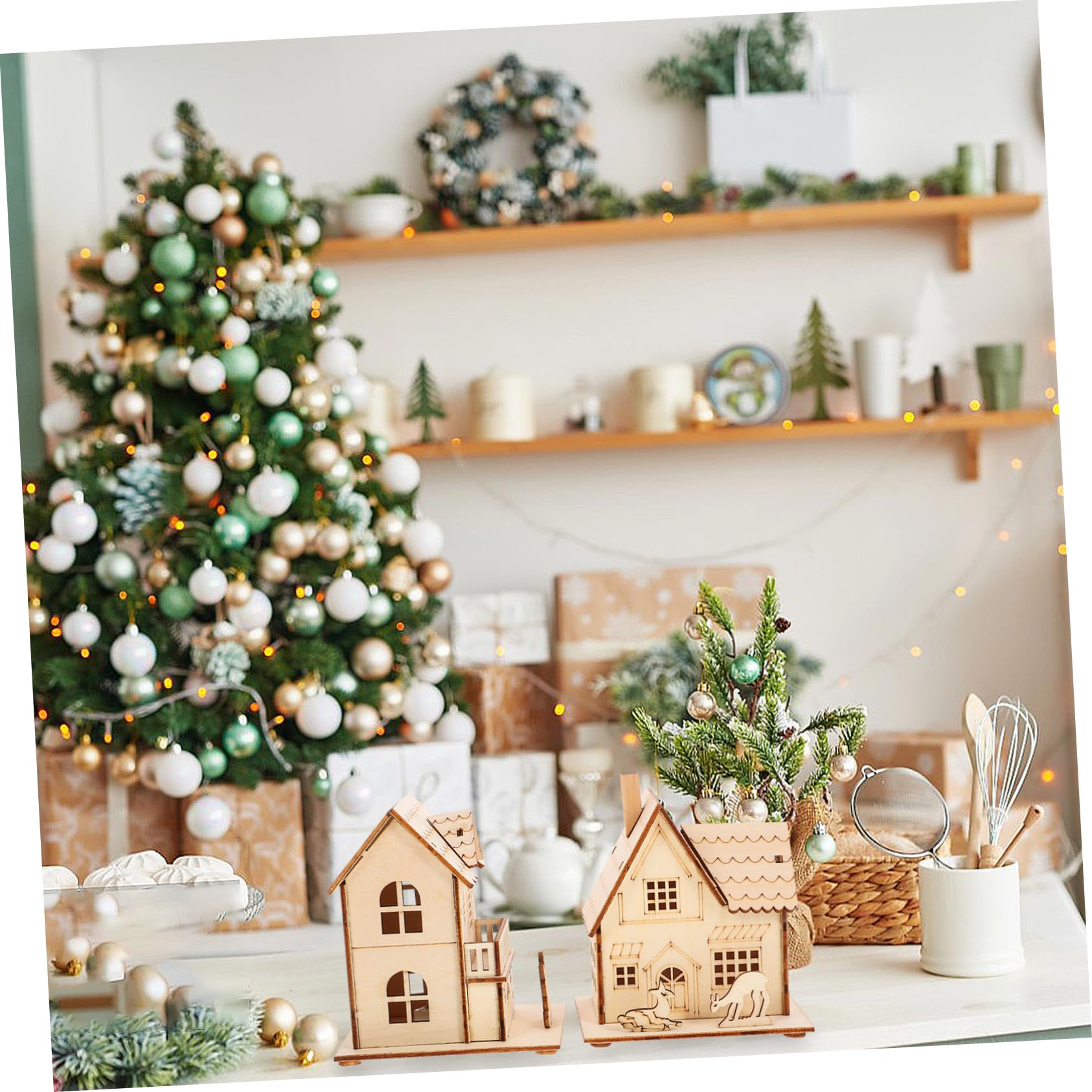 Adorno Luminoso De Decoración Navideña Casas De Madera Natural Tamaño Pequeño Efecto Iluminación para Cálido Escenas Festivas 3 Piezas