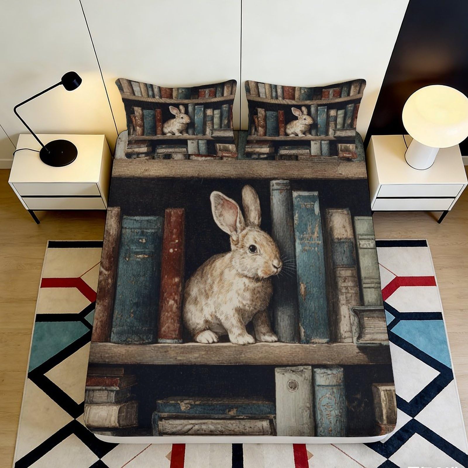 3D Printed Bookshelf Bunny Fitted Sheet Microfiber Deep Pocket Non-Slip Bedroom Bedding Bookshelf Bunny Mattress Fitted Cover Washable 120x200x25cm