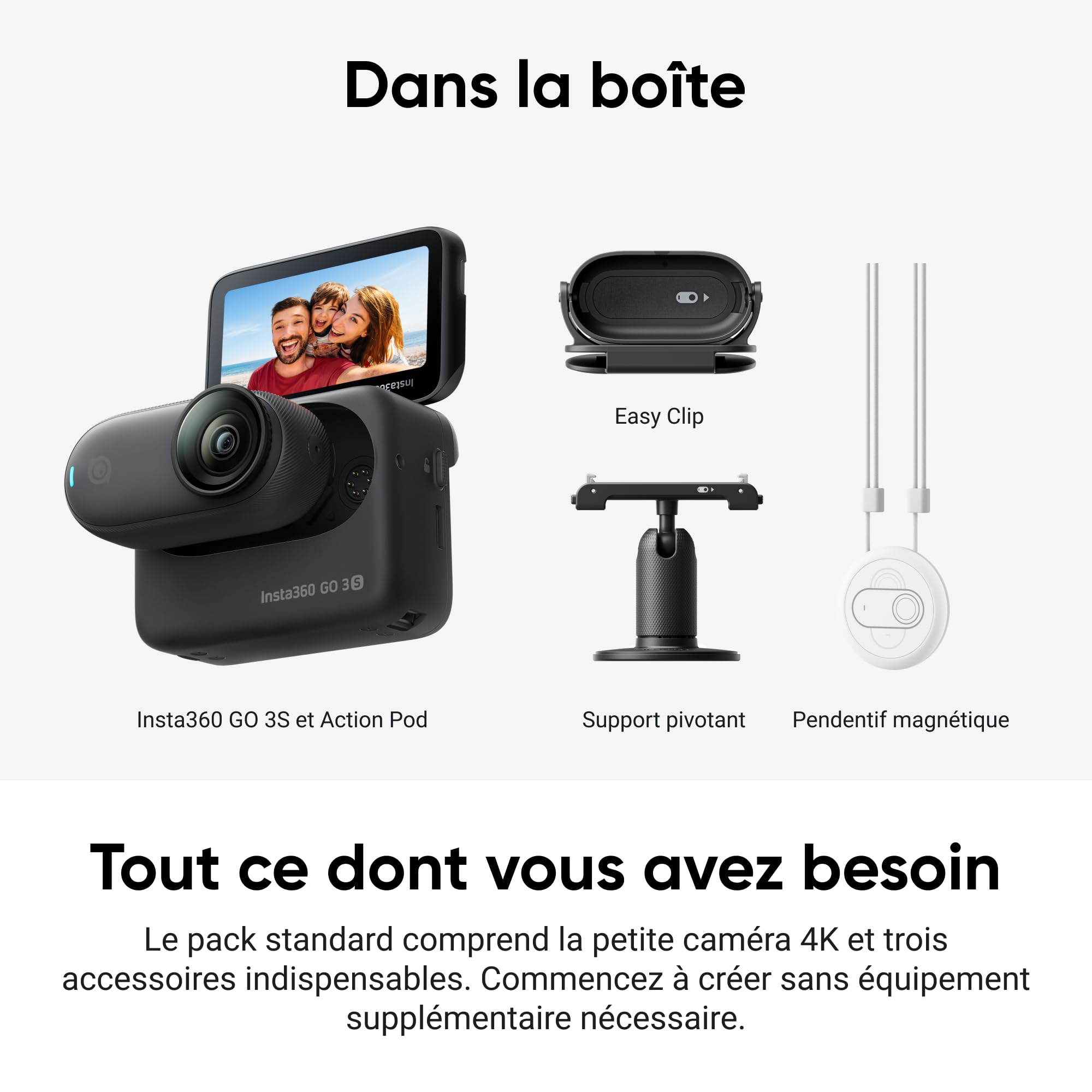 Insta360 GO 3S Noir Minuit (128GB) - Petite caméra de vlog 4K, POV Mains Libres, Montage Partout, stabilisation, 140 Min d'autonomie, étanche à 10 m, édition IA, pour Voyage, vlog