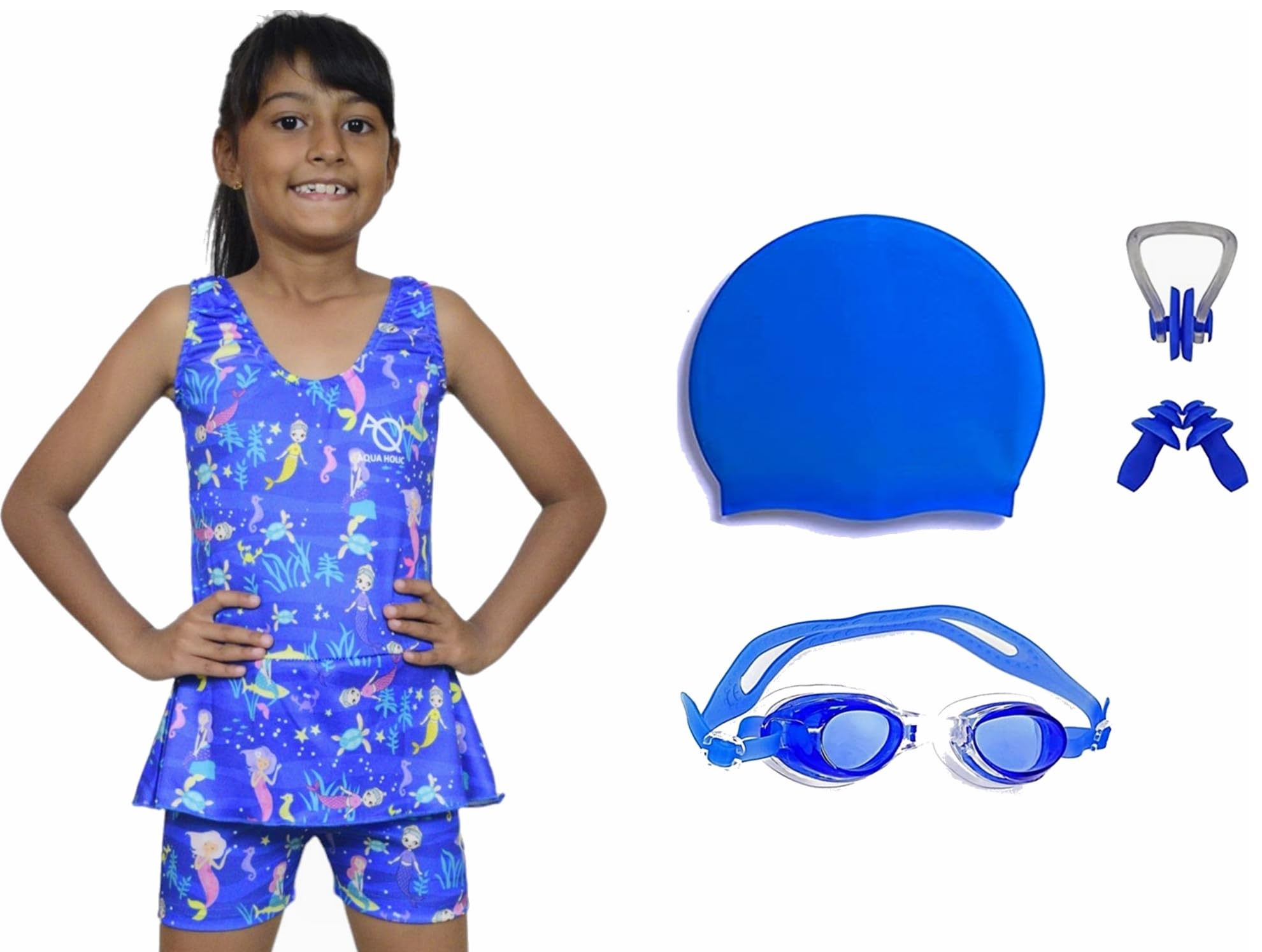 Aqua Holic Swimming Frock Costume | Swimwear | Dress with 1 Goggles 1 Swimming Cap 2 Ear Plug 1 Nose Clip 1 (32, Blue) 4