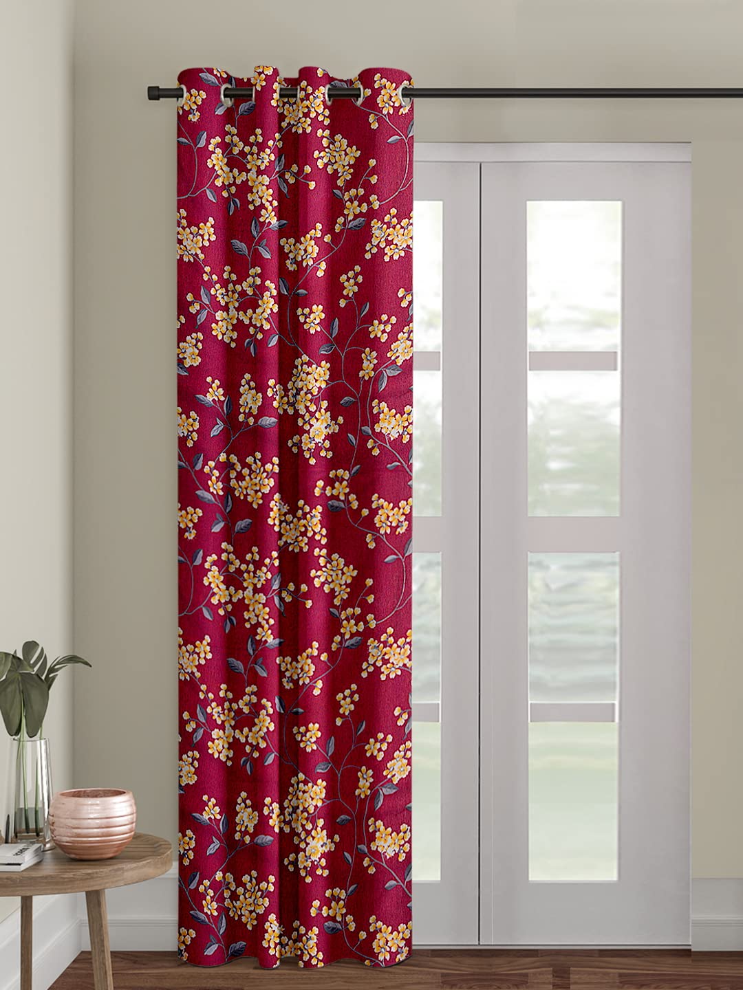 Cortina Floral Light-Filtering Polyester Curtains 7 feet Long Set of 1 for Door [ Opacity: 50-60%, Color: Maroon, Printed Curtain -130 GSM ] discount deal