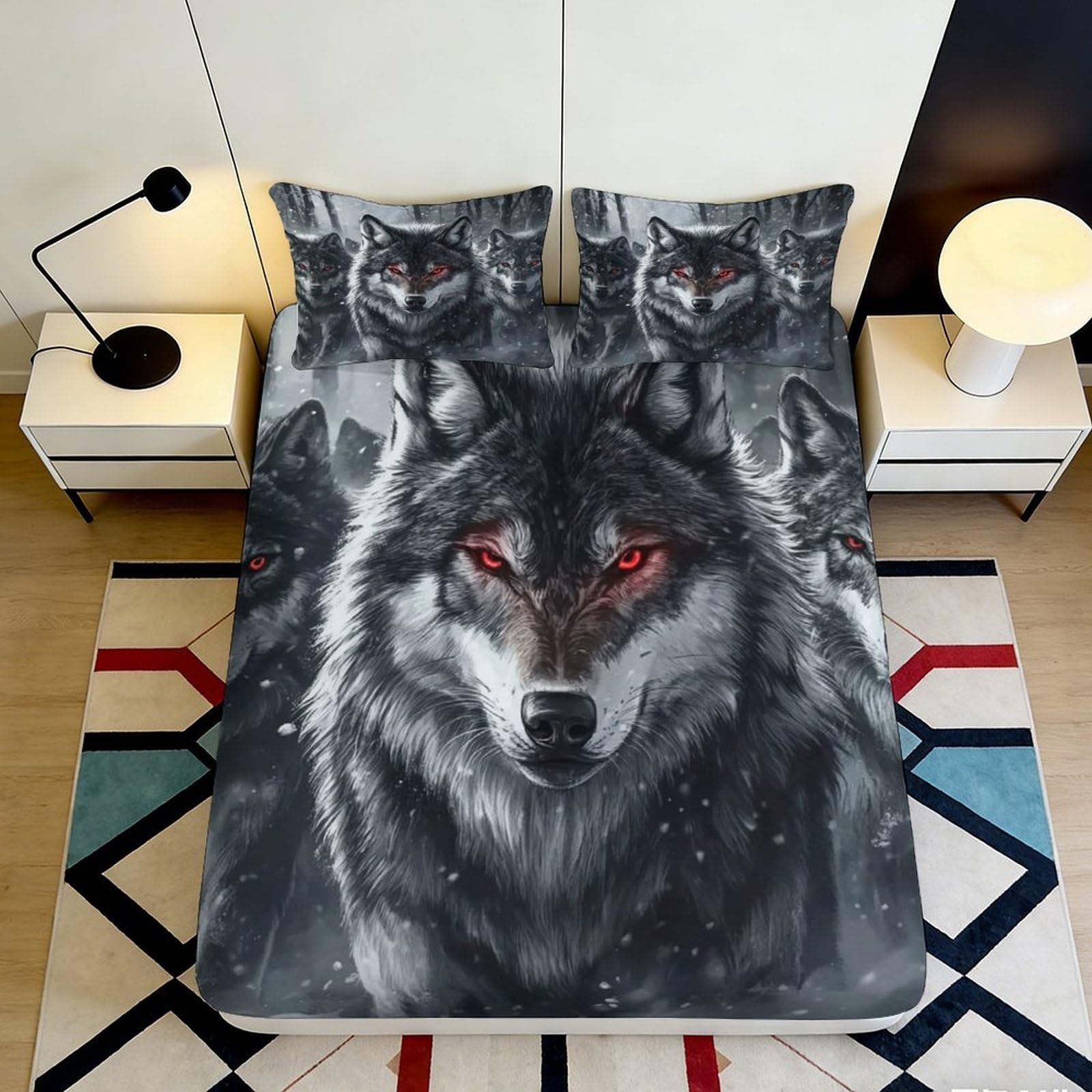 3D Printed Wolf Head Fitted Sheet Microfiber Black Red Eyes Forest Mattress Cover for Bedroom Dorm Decor 90x200x25cm