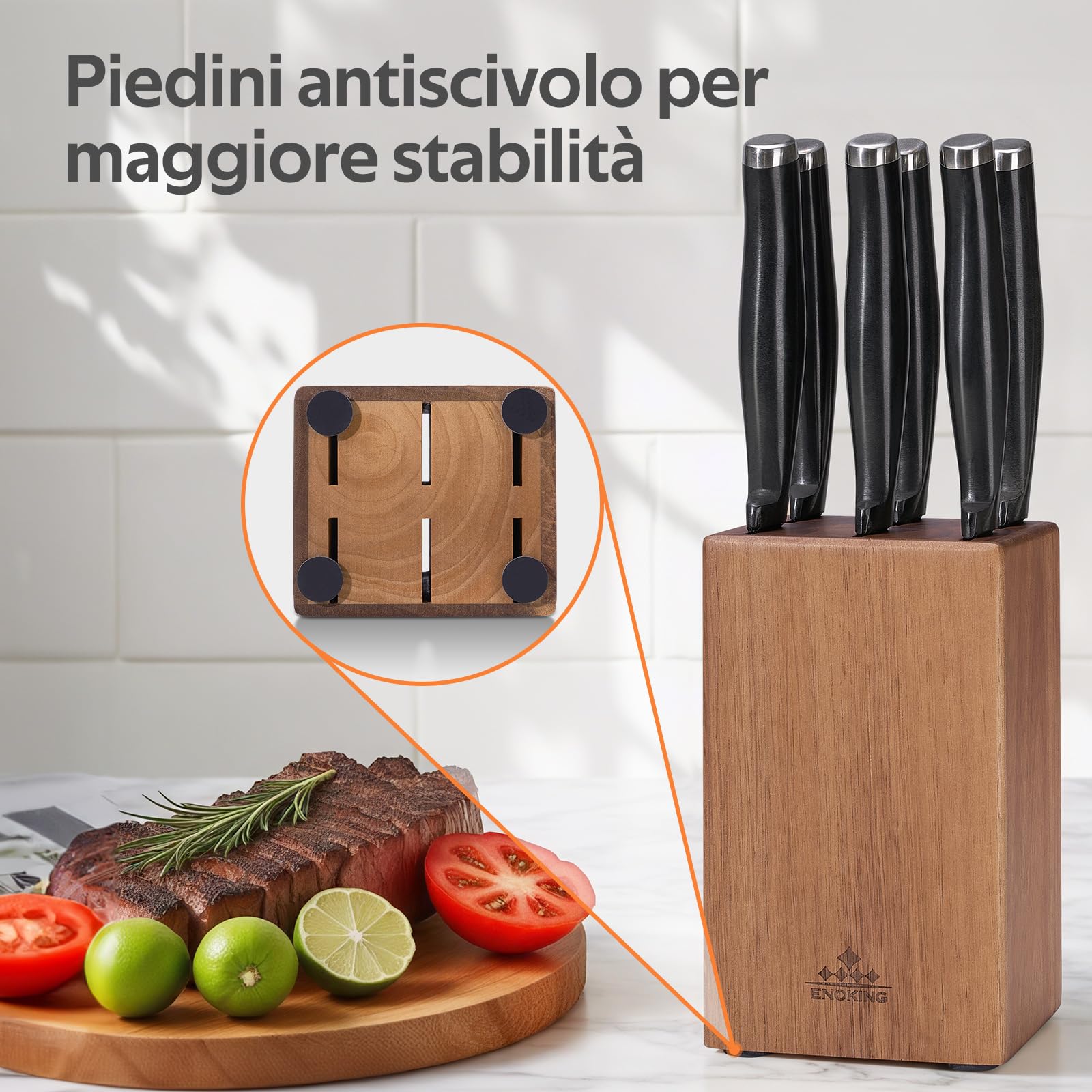 ENOKING Ceppo Coltelli da Cucina, Porta Coltelli Cucina da Bistecca a 6 Scomparti, Portacoltelli da Cucina in Legno di Acacia, Ceppo per Coltelli Bistecca Vuoto - Design Compatto e Salvaspazio