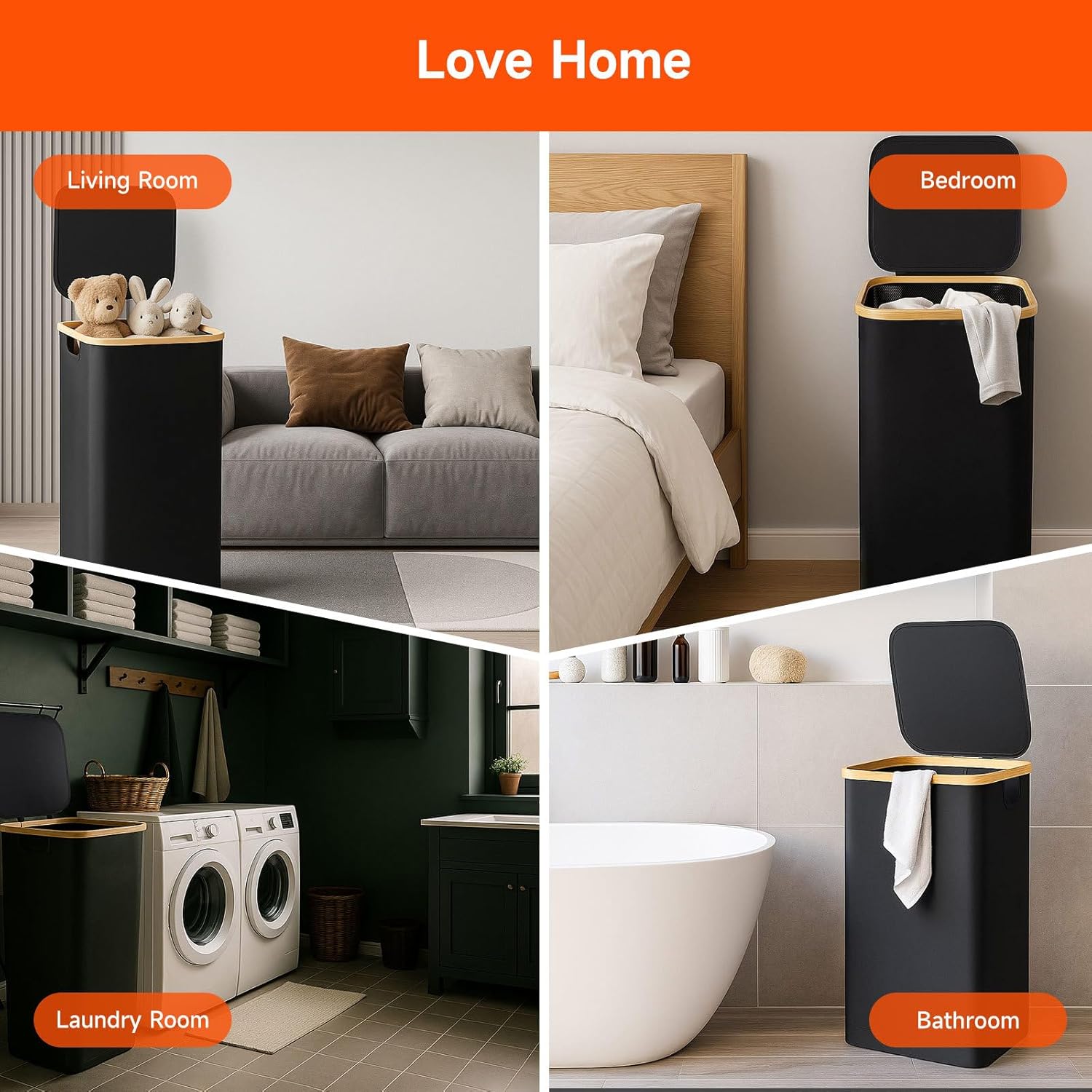 26 Gall/100L Foldable Laundry Hamper with Lid & Collapsible Basket - Clothes Hampers for Laundry with Bamboo Handles and A Removable Bag, Portable Clothes Organizer for Home, Dorm, Travel, Black - Image 7