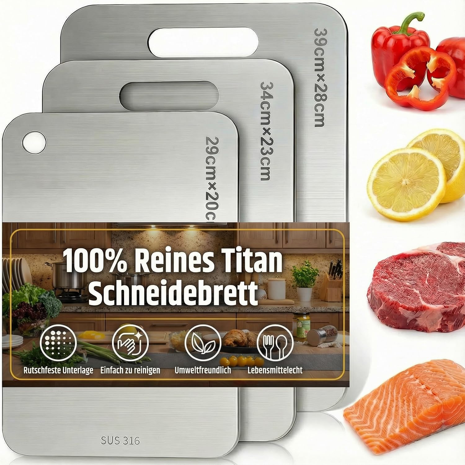 3 Stück Titan Schneidebrett, 304 Edelstahl Schneidebrett, Titanium Cutting Board, 2026 Erstklassige Titan-Schneidebretter, für Die Küche Im Freien Camping Wandern (29x20cm, 34x23cm und 39x28cm)