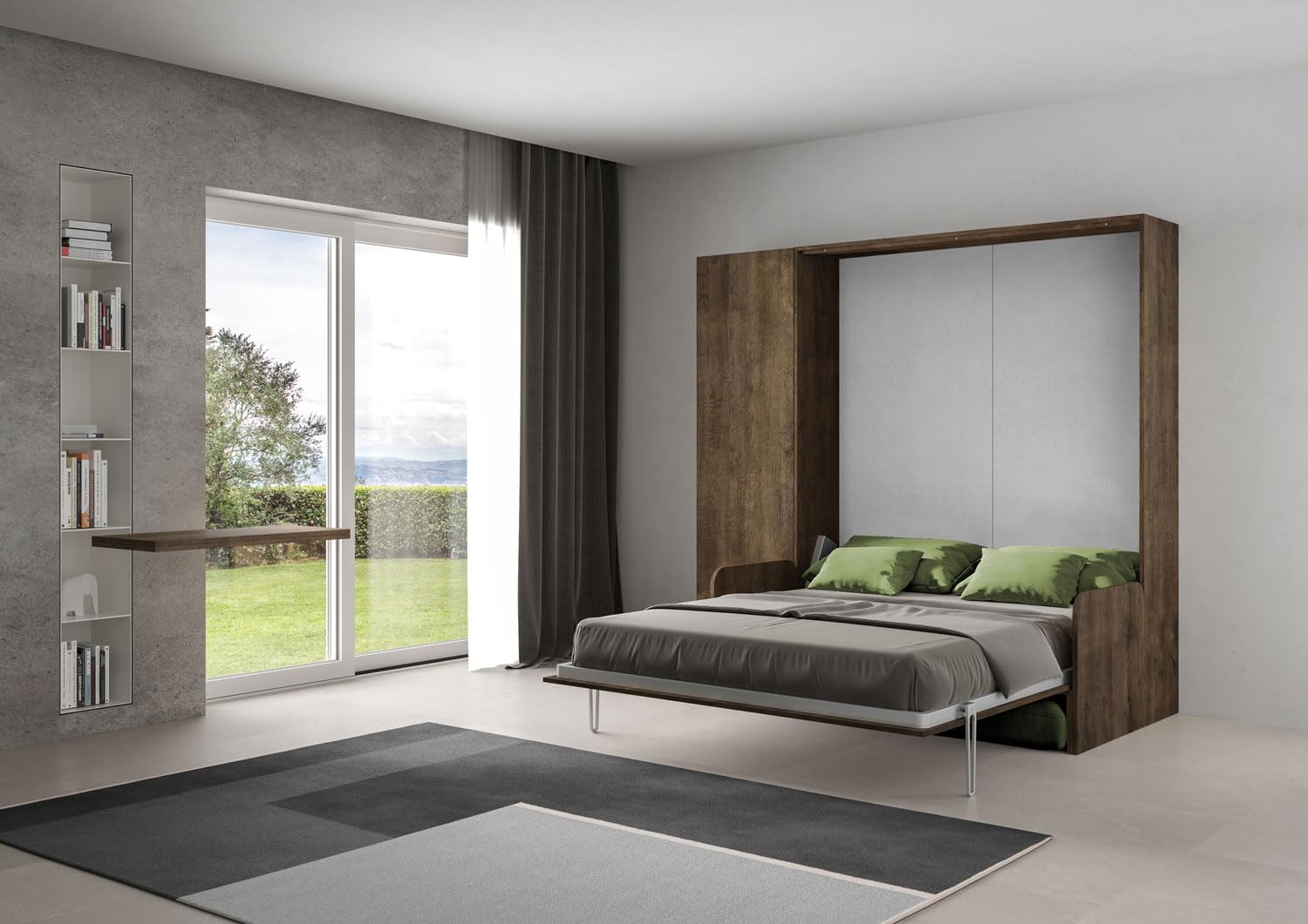 Lit Double Escamotable Kentaro 160 Cm Avec Canapé Et Colonne En Noyer, Vert