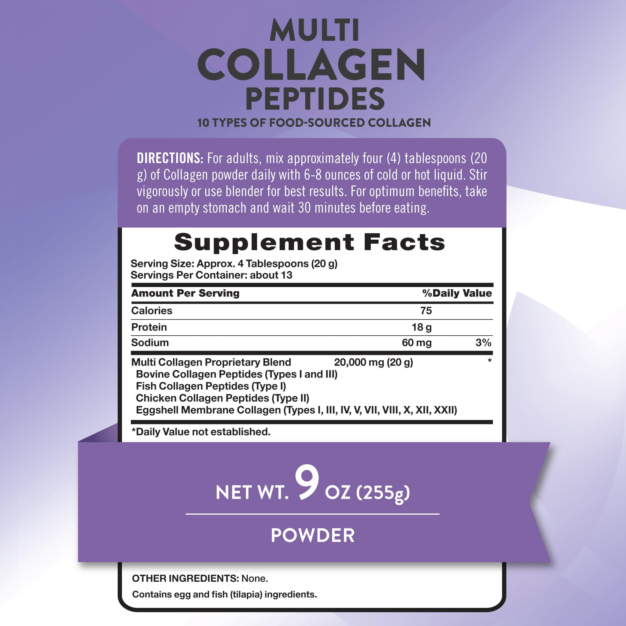 Polvere proteica multi collagene | Tipi I, II, II, V e X | Collagene idrolizzato di bovini, pesci, pollo e guscio d'uovo | Nature's Truth | 10 tipi di collagene | Non aromatizzato | Integratore Keto Friendly, non OGM e senza glutine
