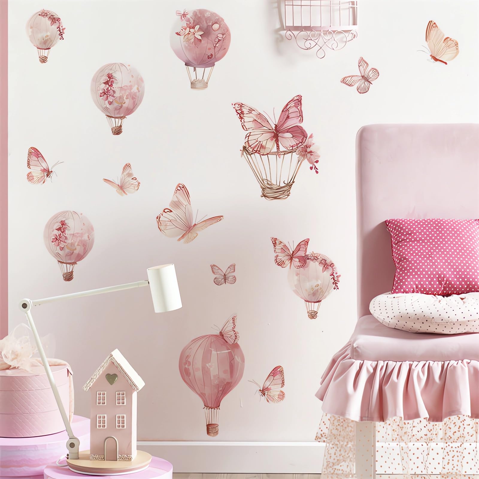 Calcomanías de pared grandes con diseño de mariposa rosa, globos de aire caliente, calcomanías de pared de vinilo extraíbles para niños, bebés, niñas, guardería, dormitorio, habitación de