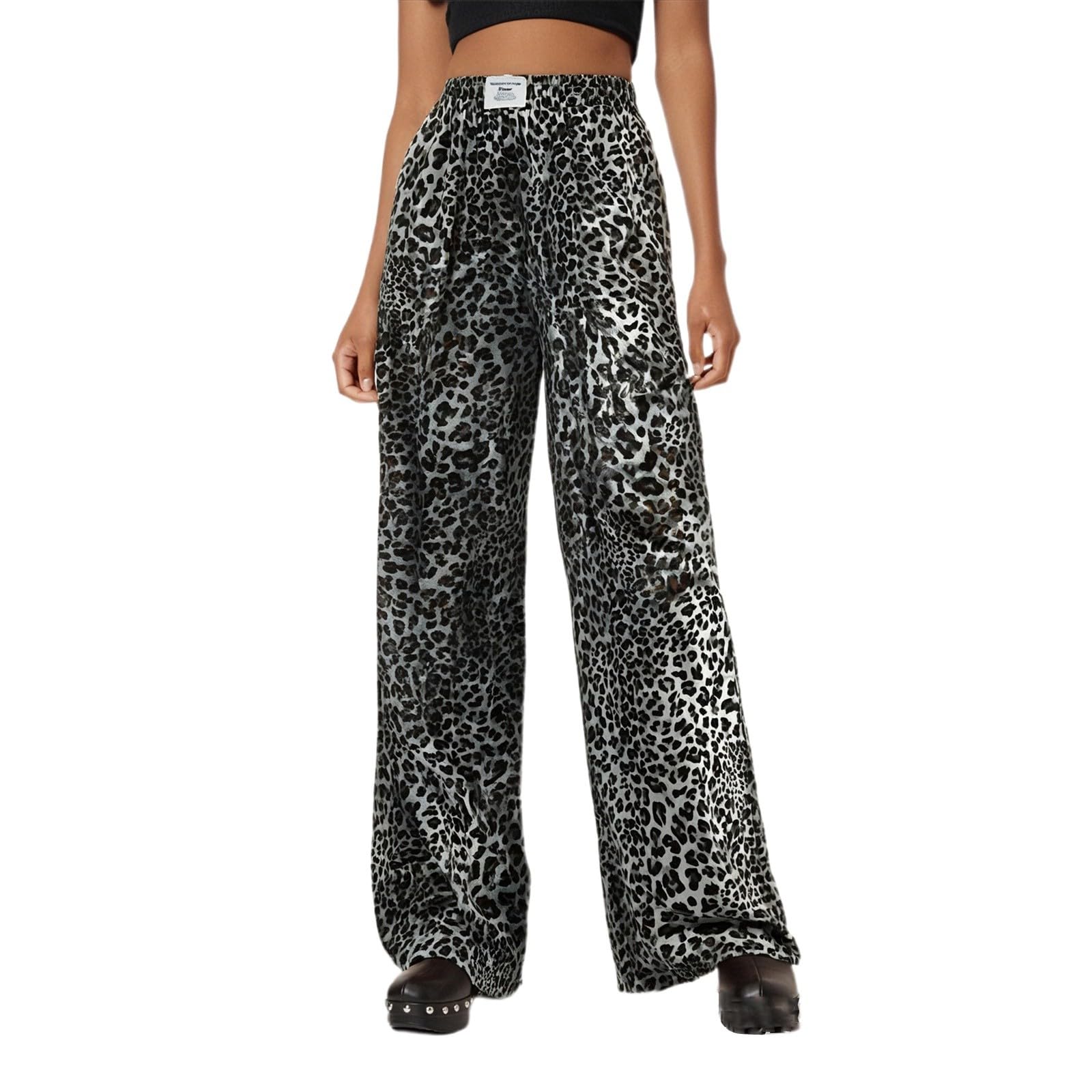 Pantalon Imprimé Léopard Femme Taille Haute Jambe Large Fluide