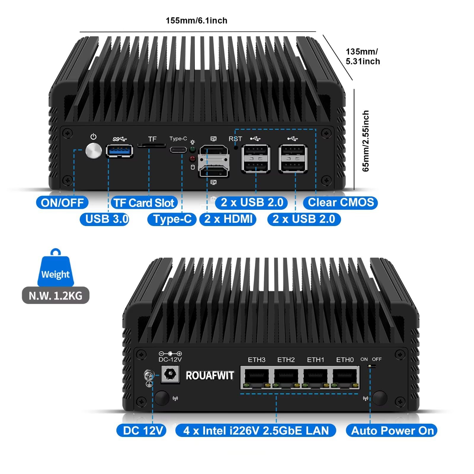 Firewall Mini PC J6413,4C/4T Fanless Micro Firewall Appliance 4X 2.5 GBe LAN Type-C/5USB/2HD/TF/Auto Power,OPNsense/AES-NI Router Netzwerk Security,DDR4 Barebone,Triple Display