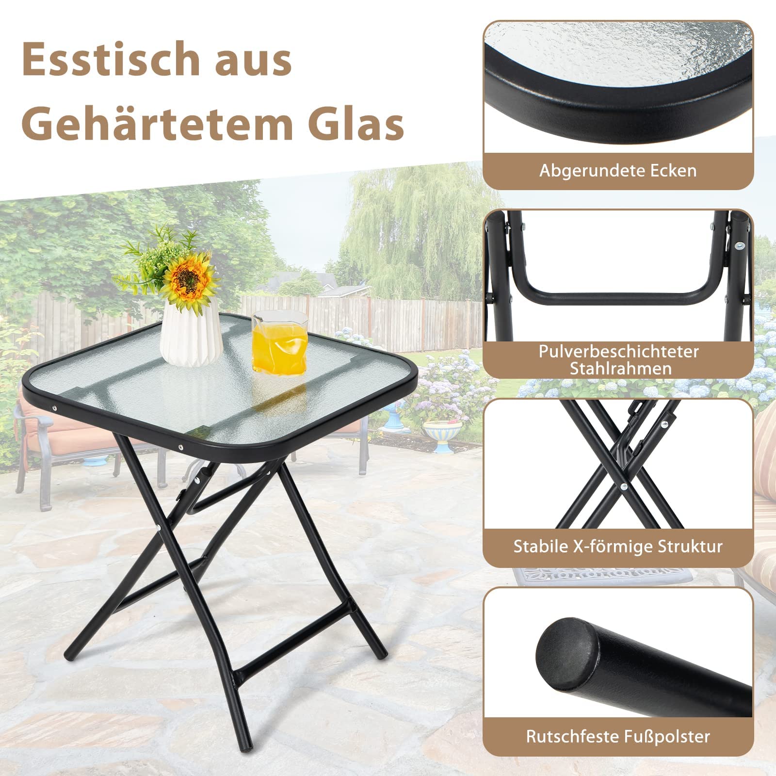 FANTASK Tavolino pieghevole quadrato resistente alle intemperie, tavolo da giardino con piano in vetro temperato, per balcone, giardino, terrazza, 46,5 x 46,5 x 42 cm