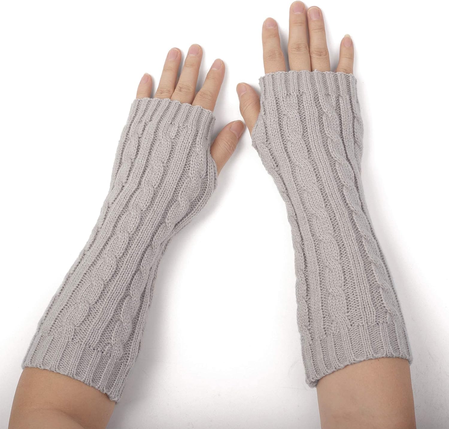 Flammi Women's Cable Knit Arm Warmers Fingerless Gloves Thumb Hole Gloves Mittens (Light Grey) at  Women’s Clothing store