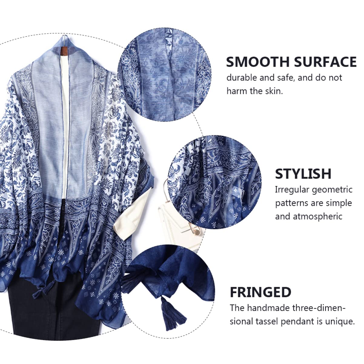 GALPADA 3pezzi Sciarpa Lunga Cotone Con Motivo Porcellana Blu e Bianco Elegante Sciarpa Frangia Femminile Per Picnic Spiaggia e Attività All Aperto