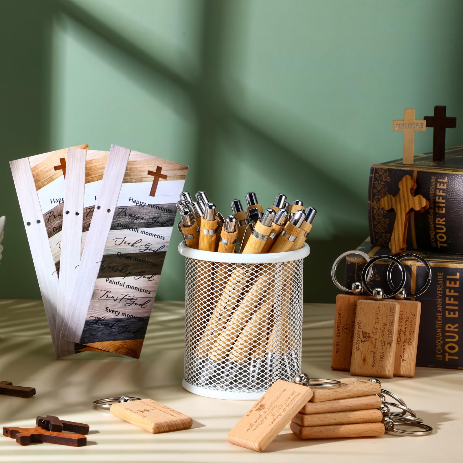 Spakon 60 Sets christliche Geschenke Bulk-Bibelvers Bambus-Stifte Gebet religiöse Lesezeichen inspirierende Holzskriptur Schlüsselanhänger Erstkommunion biblische Geschenke für Männer Frauen Mutter