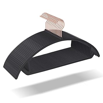 OIKA Hangers 50pack No Shoulder Bump Plastic Suit Hangers - Rose Gold Hooks,Non Slip Space Saving Clothes Hangers, Heavyduty Pants Hangers, Black Hangers