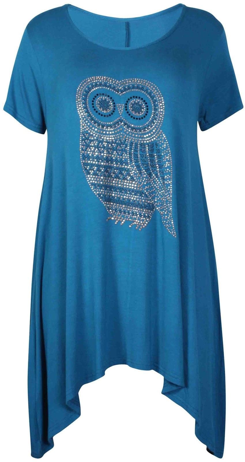 New Womens Plus Size Nauvelle Owl Diamante Stud Tunic Flared Top Size Teal 26/28