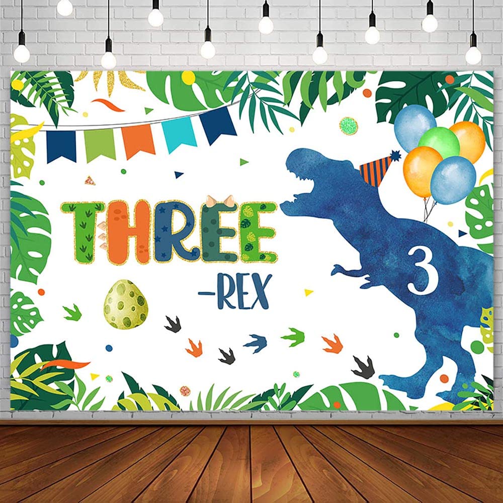 AIBIIN 7x5ft Dinosaur Three-rex Birthday Backdrop for Boy Happy 3rd Birthday Dinosaur Egg Balloon Confetti Photography Background 3 Years Old Party