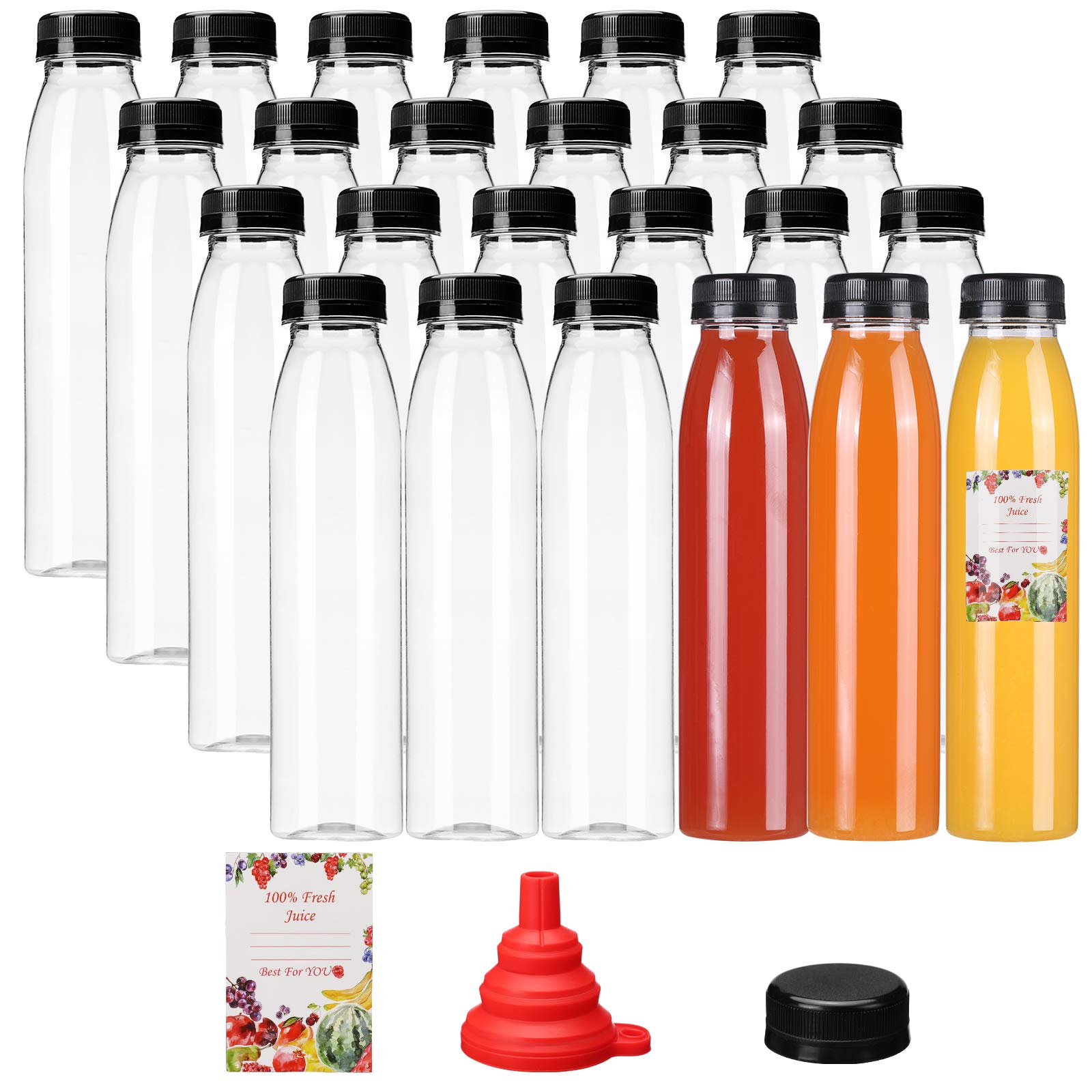 Outkitkit Plastic Juice Bottles, 24 Packs 12oz Cone Plastic Juice Containers Clear Plastic Milk Containers with Black Tamper Evident Caps