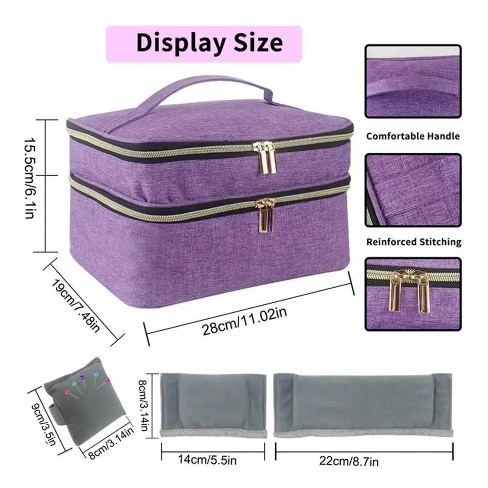 Nähzubehör-Aufbewahrungsbox, Nähkorb-Organizer, doppellagiger Korb, Aufbewahrungsbox for Nähzubehör, Zwei-Wege-Reißverschluss, groß Für Haushalt(Purple)