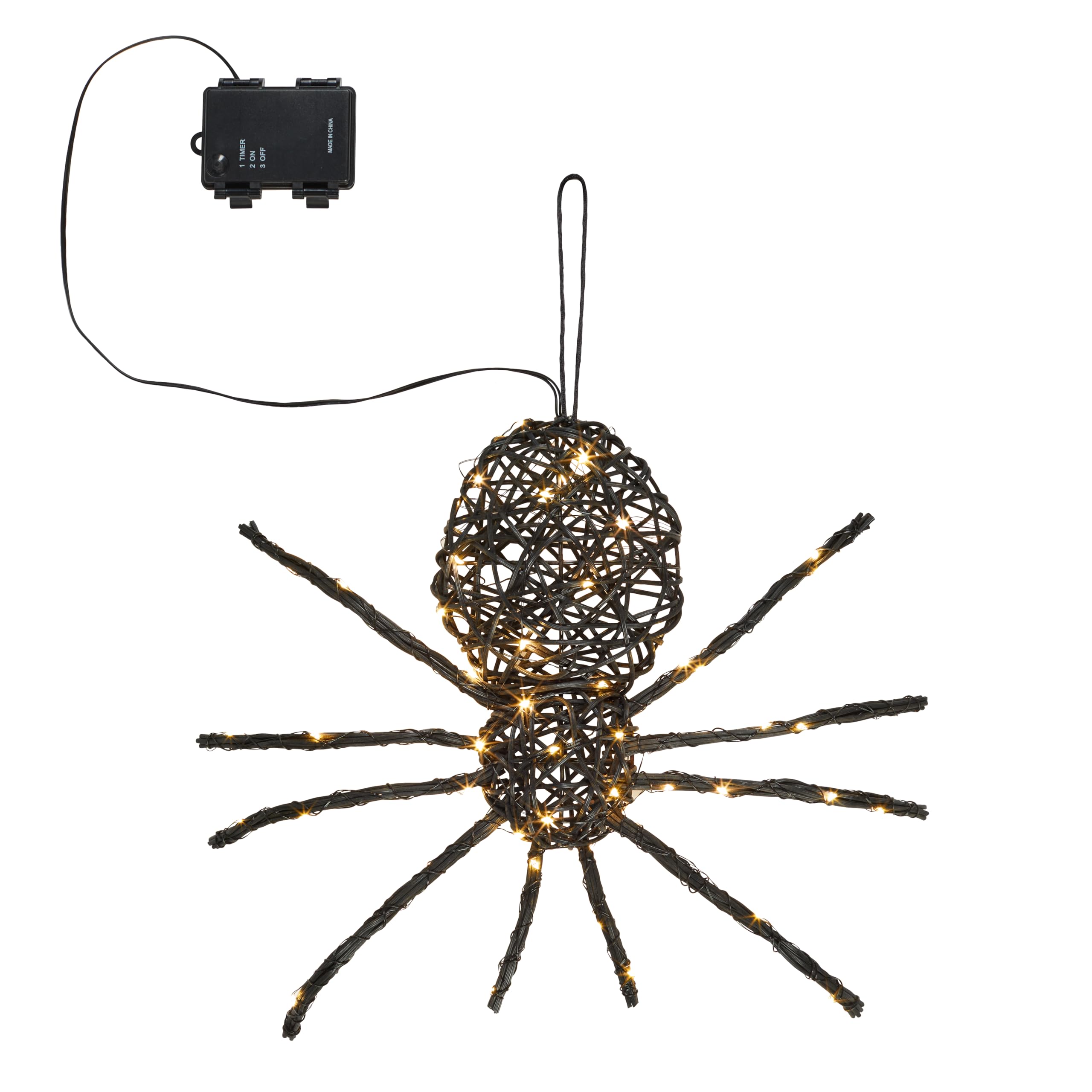 Lights4fun Ragno in Rattan per Halloween 34 cm con 50 LED Bianco Caldo a Pile con Timer Decorazione Murale di Halloween per Interni ed Esterni