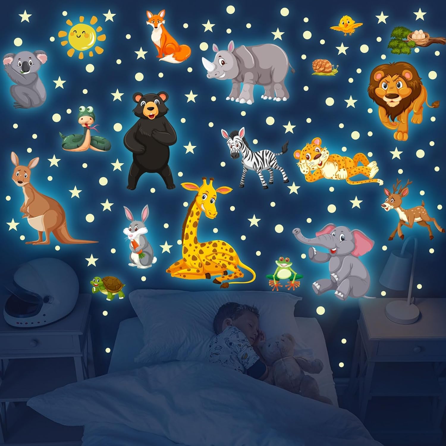Adesivi da Parete Fluorescenti Animali Giungla Stickers Muro Luminoso Safari Elefante Leone Decorazioni Camera Bambini Verde