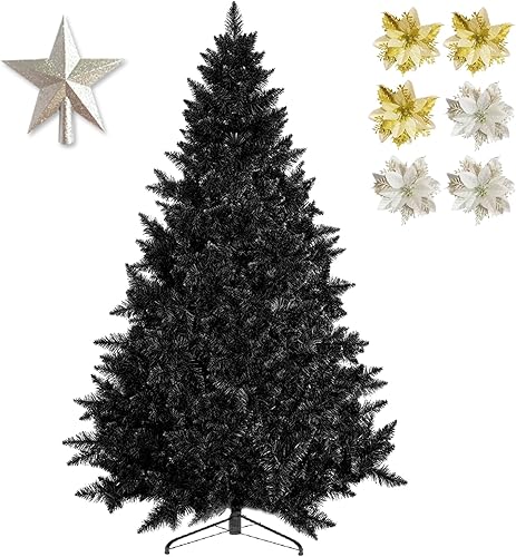 Árbol de Navidad negro artificial de 6 pies, árbol de Navidad negro de 6 pies con 950 puntas de ramas y decoraciones (estrella superior plateada de