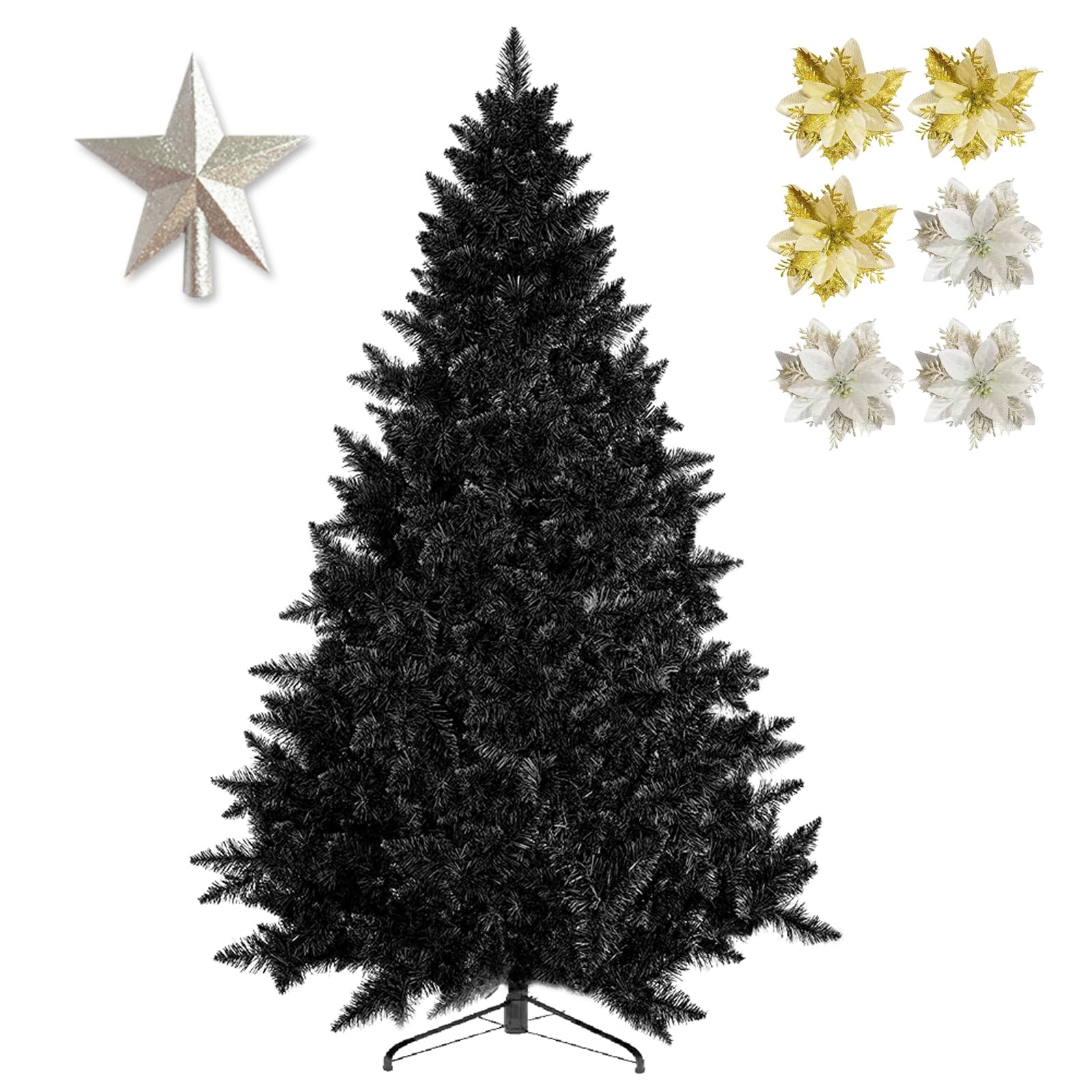 Black Christmas Tree 6ft, Black Artificial 6 feet Christmas Tree with 950 Branch Tips and Decorations(10cm Silver Top Star, 6 Simulation Flowers) Metal Stand, Suitable for Home Office Store Bar