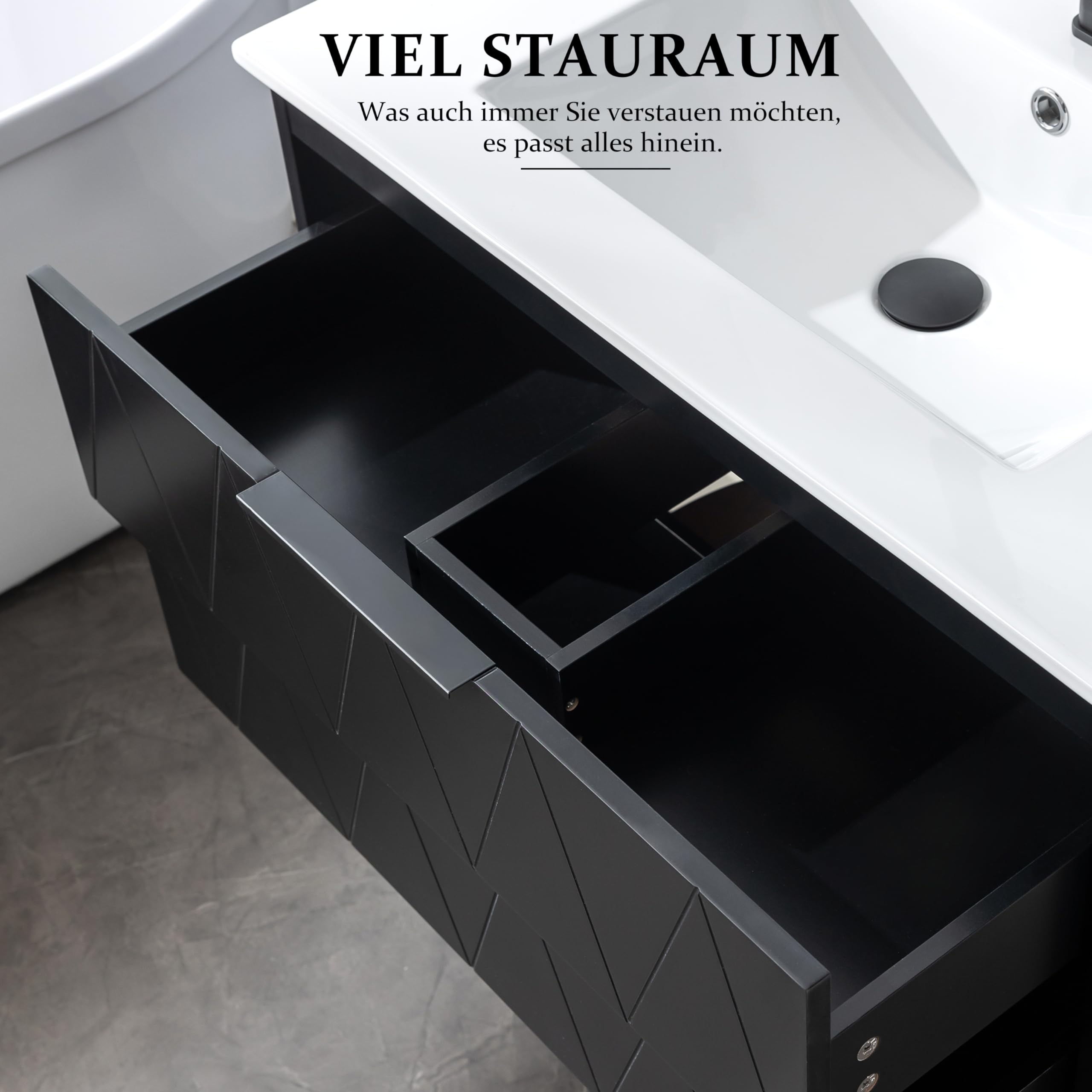 UEV Waschtisch mit Unterschrank, Waschbeckenunterschrank 75cm hängend, Waschbecken aus Keramik, Badezimmmer Möbel für Gäste WCmodern, Soft-Close, schwarz